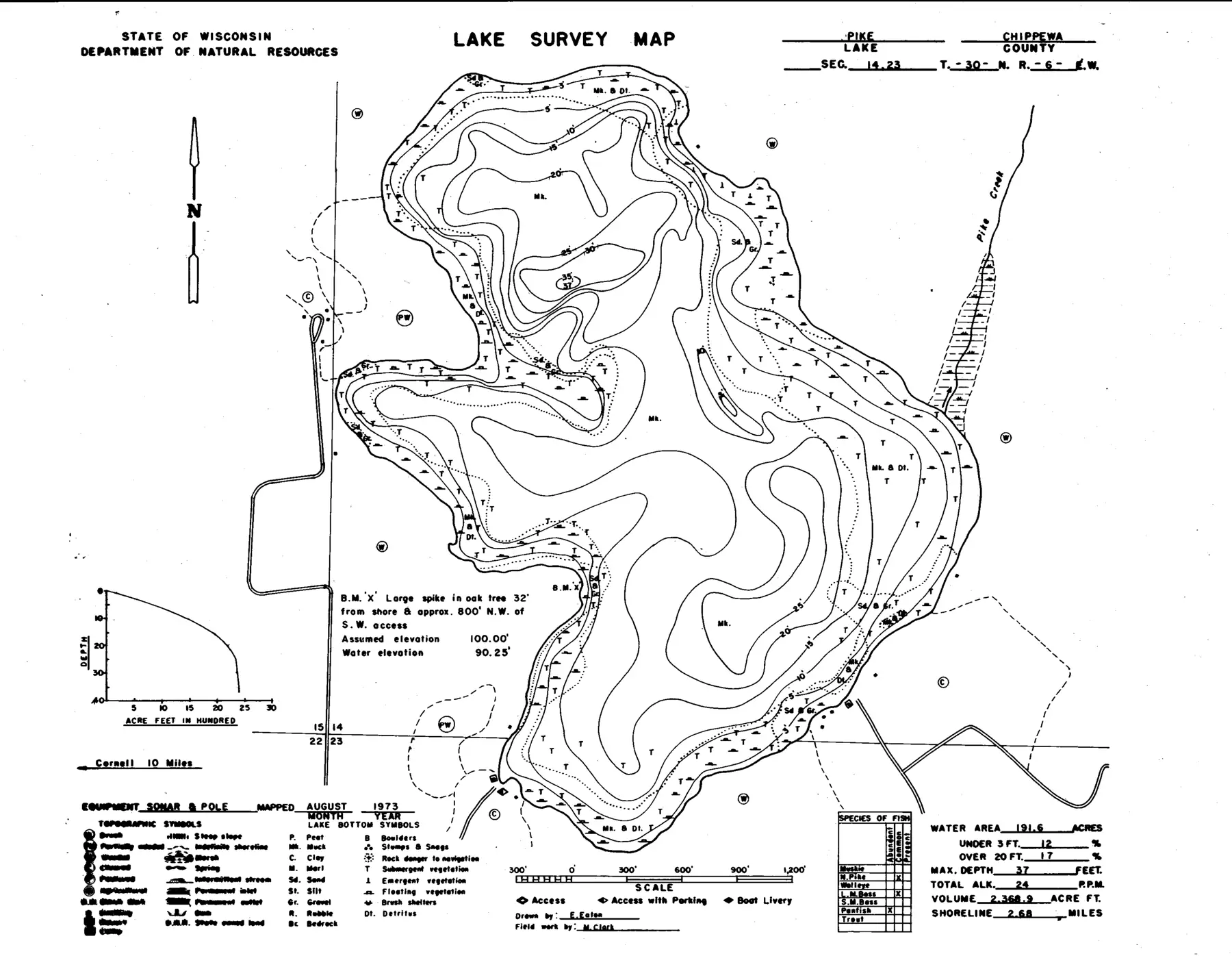 DNR survey map of Pike Lake, with depths in feet. Tap to zoom.