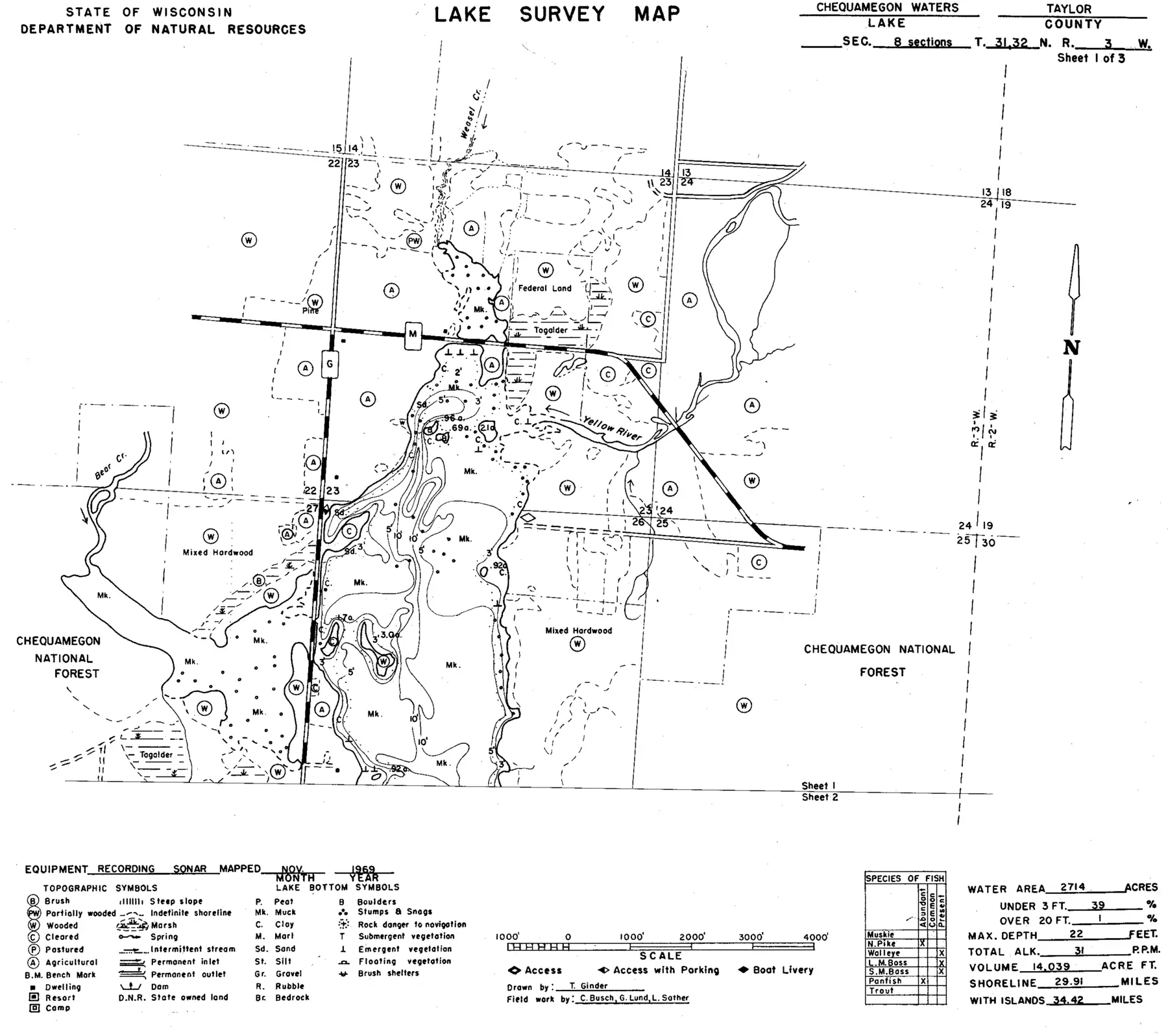 DNR survey map of Chequamegon Waters Flowage, sheet 1 of 3, with depths in feet. Tap to zoom.