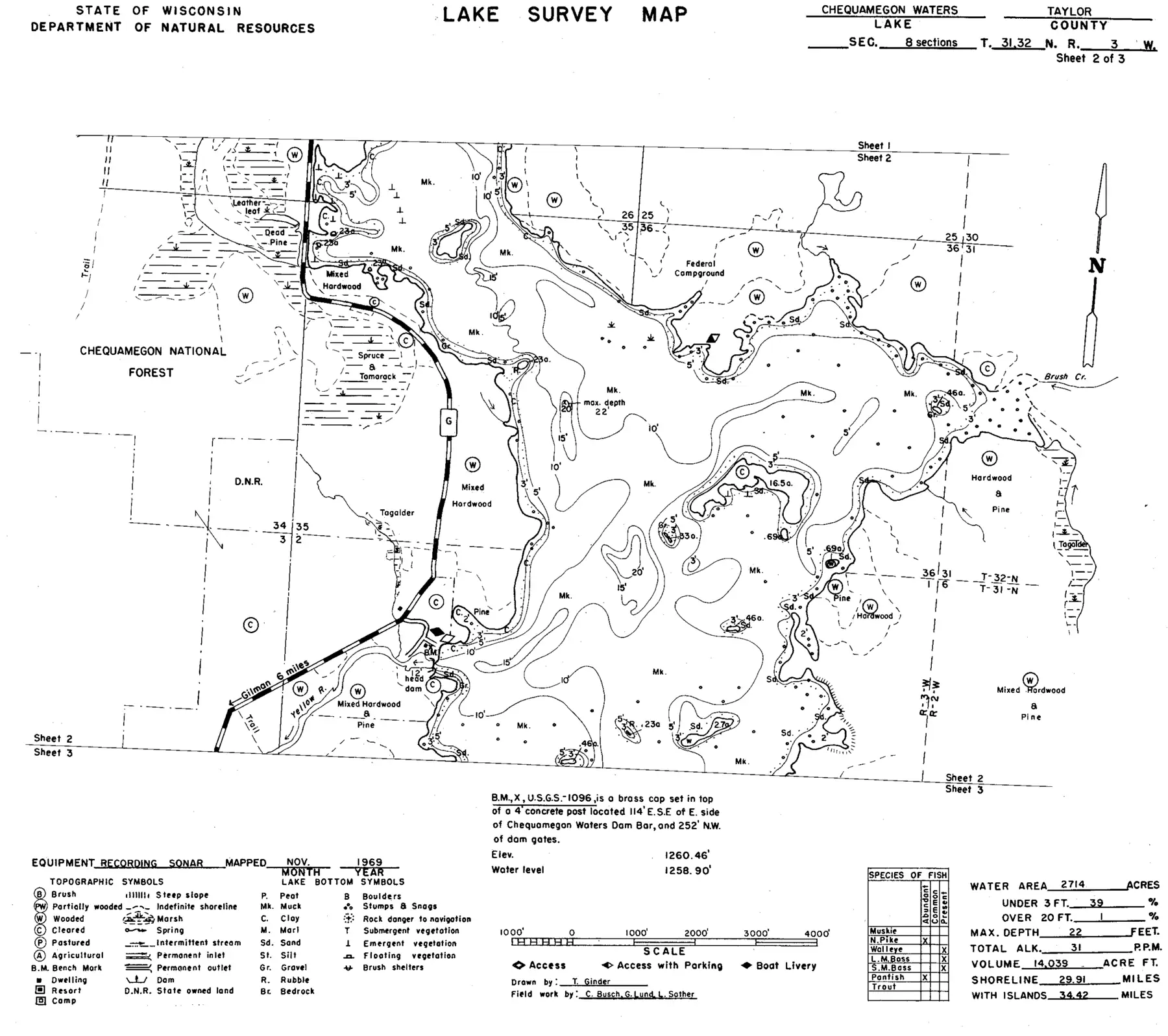 DNR survey map of Chequamegon Waters Flowage, sheet 2 of 3, with depths in feet. Tap to zoom.