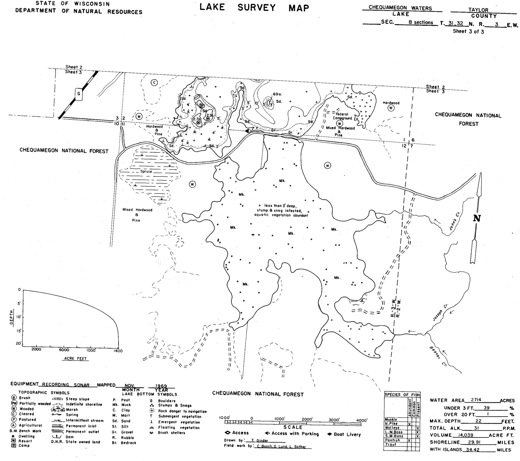 DNR survey map of Chequamegon Waters Flowage, sheet 3 of 3. Tap to zoom.
