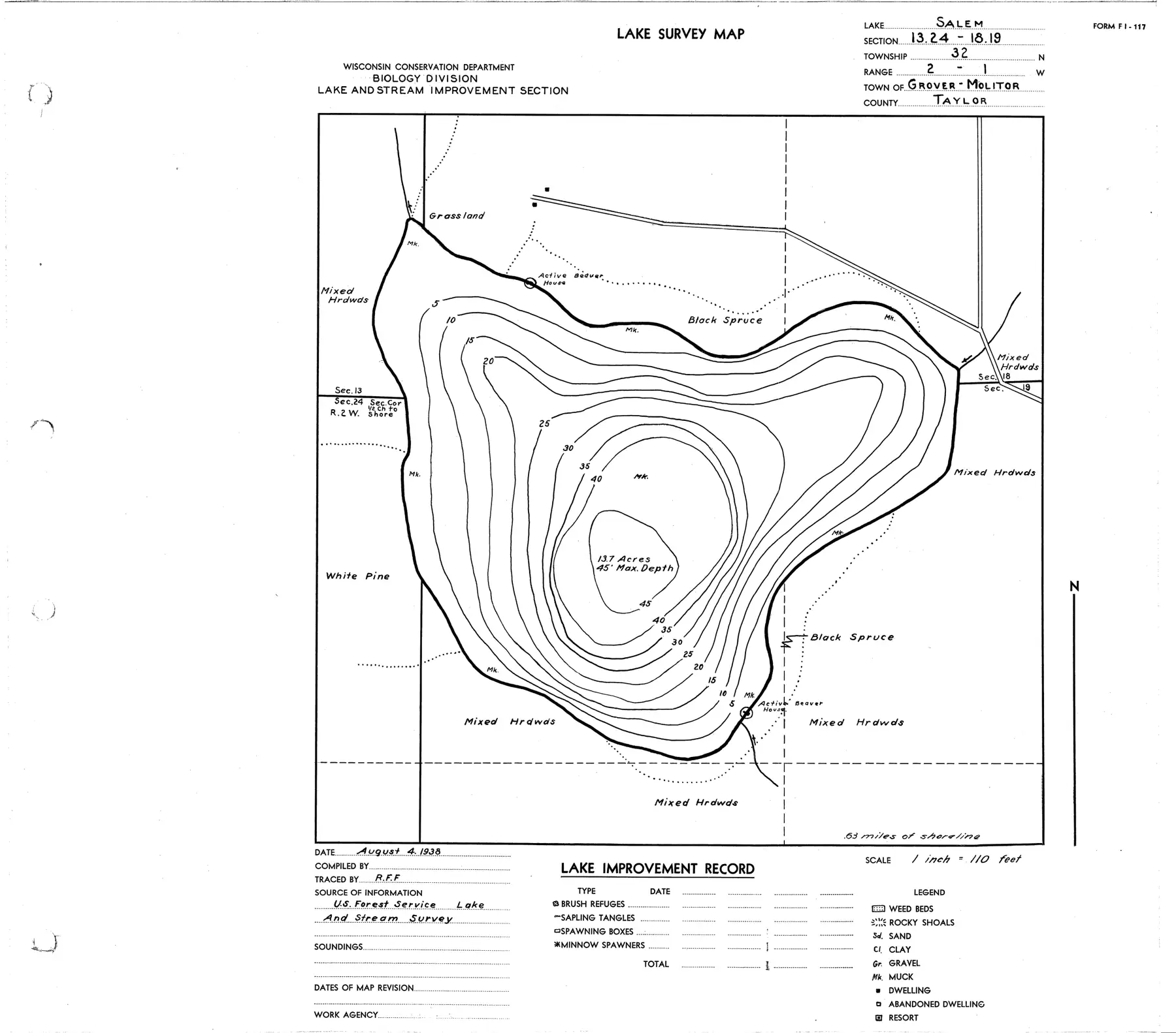 DNR survey map of Salem Lake, with depths in feet. Tap to zoom.