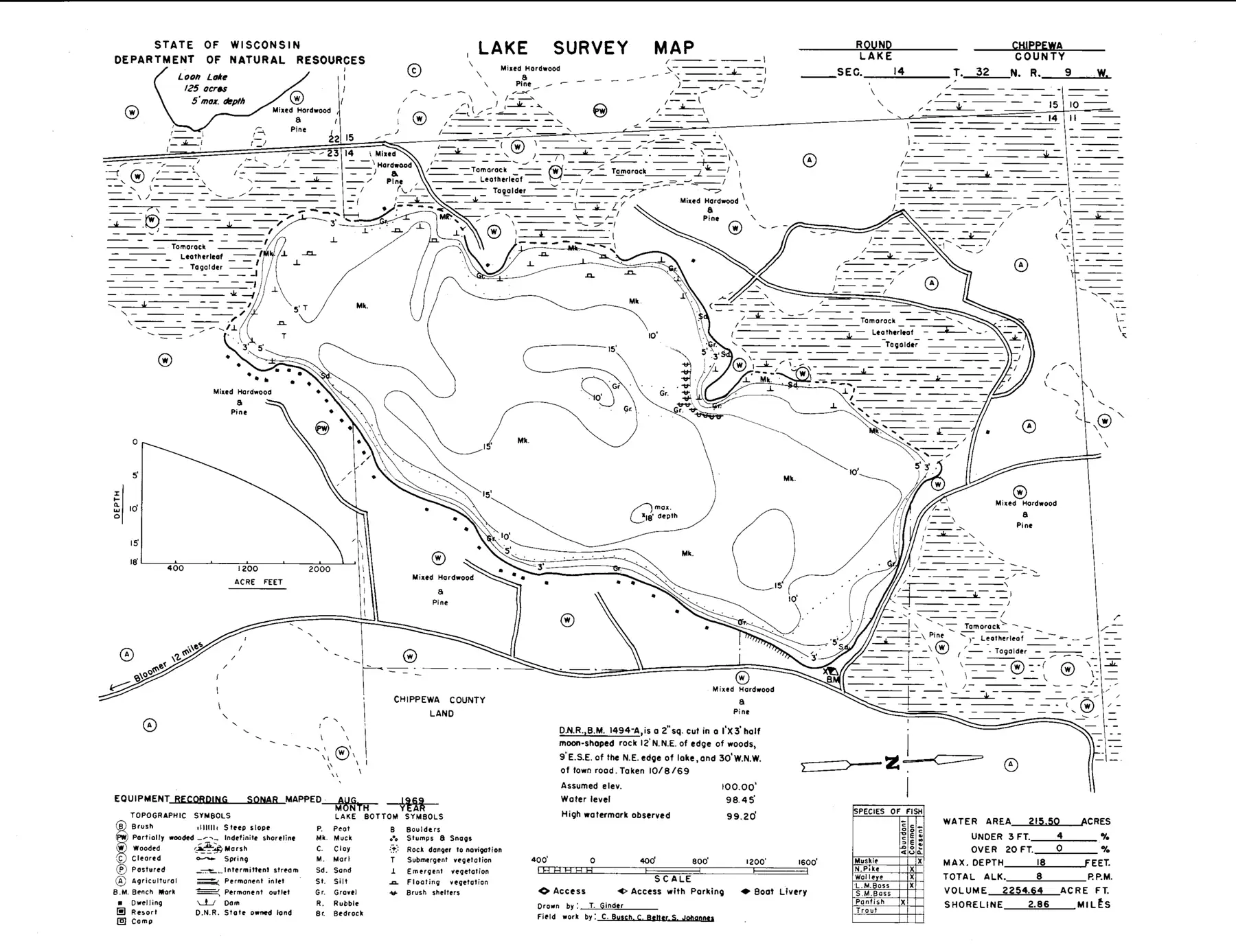 DNR survey map of Round Lake, with depths in feet. Tap to zoom.