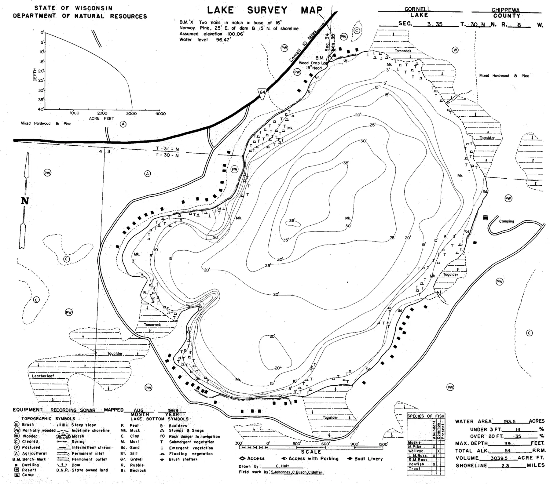 DNR survey map of Cornell Lake, with depths in feet. Tap to zoom.