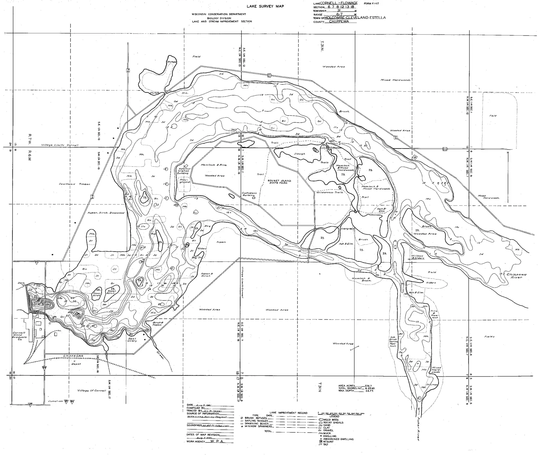 DNR survey map of Cornell Flowage, with depths in feet. Tap to zoom.