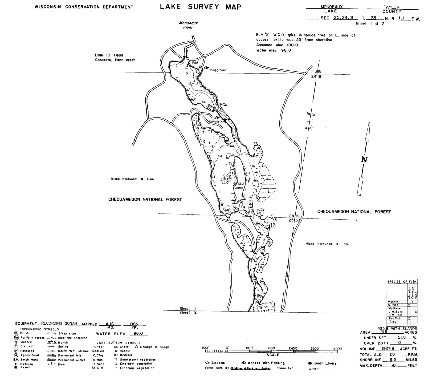 DNR survey map of Mondeaux Flowage, sheet 1 of 2, with depths in feet. Tap to zoom.