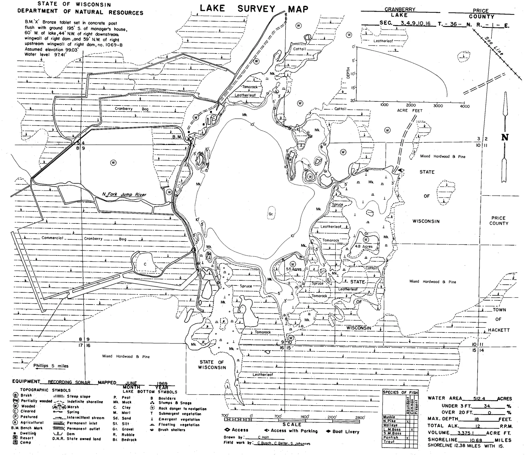 DNR survey map of Cranberry Lake, with depths in feet. Tap to zoom.