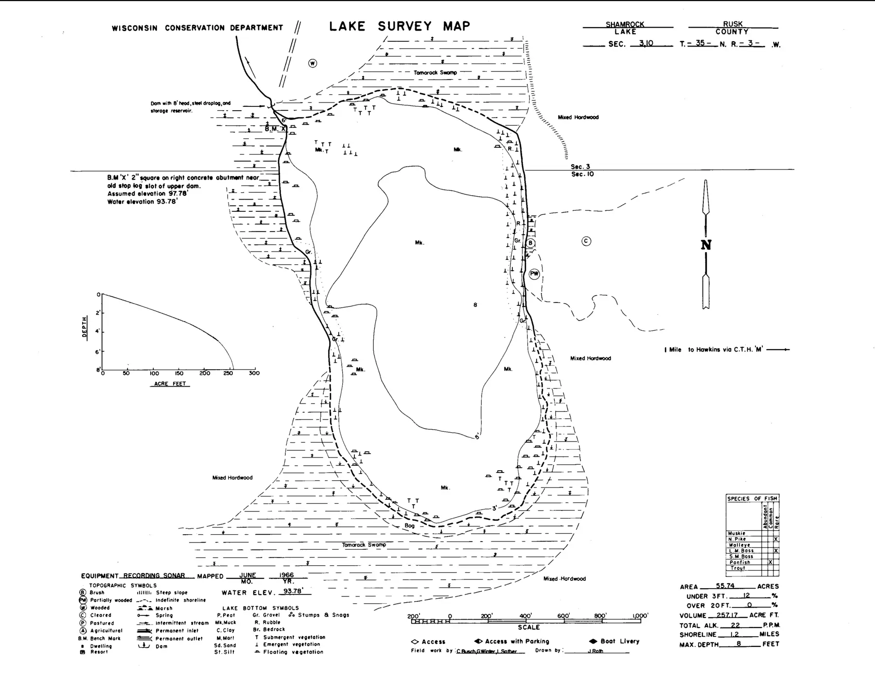 DNR survey map of Shamrock Lake, with depths in feet. Tap to zoom.