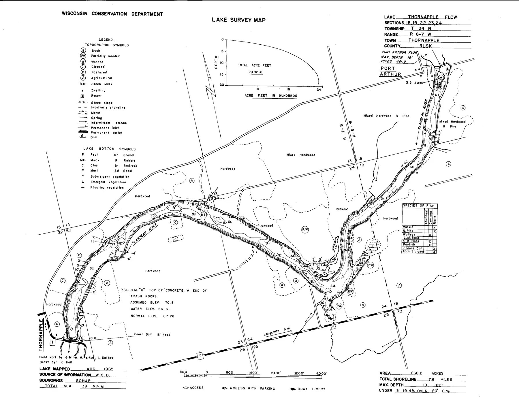DNR survey map of Thornapple Flowage, with depths in feet. Tap to zoom.