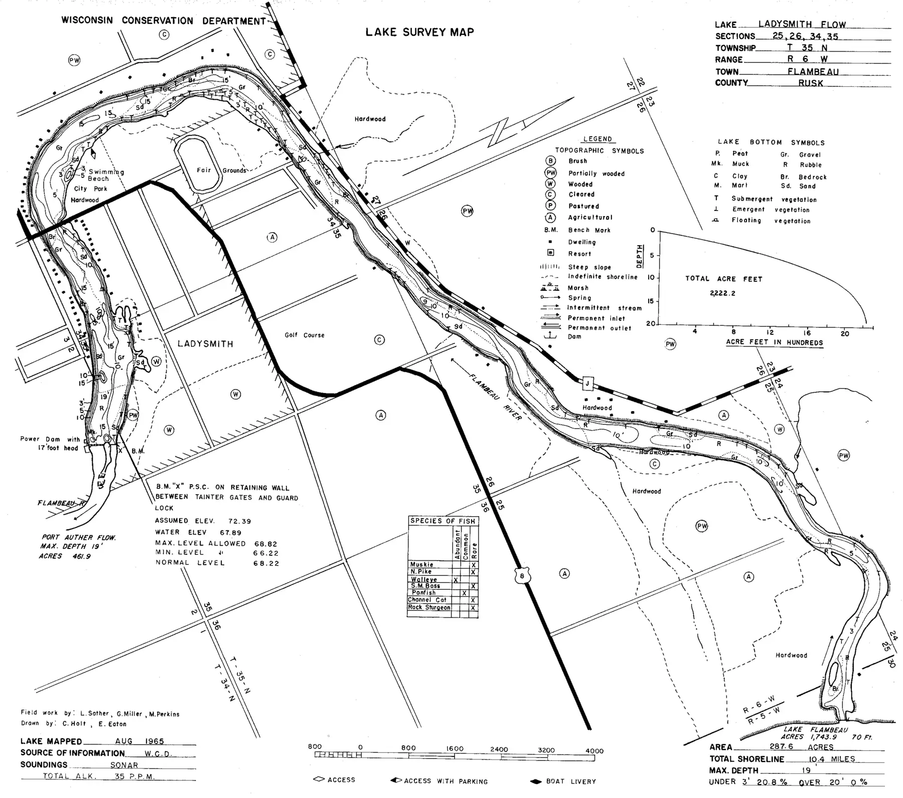 DNR survey map of Ladysmith Flowage, with depths in feet. Tap to zoom.