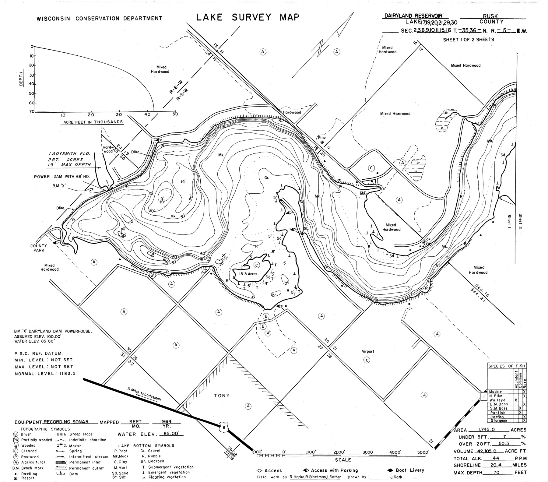 DNR survey map of Dairyland Reservoir (Flambeau), sheet 1 of 2, with depths in feet. Tap to zoom.