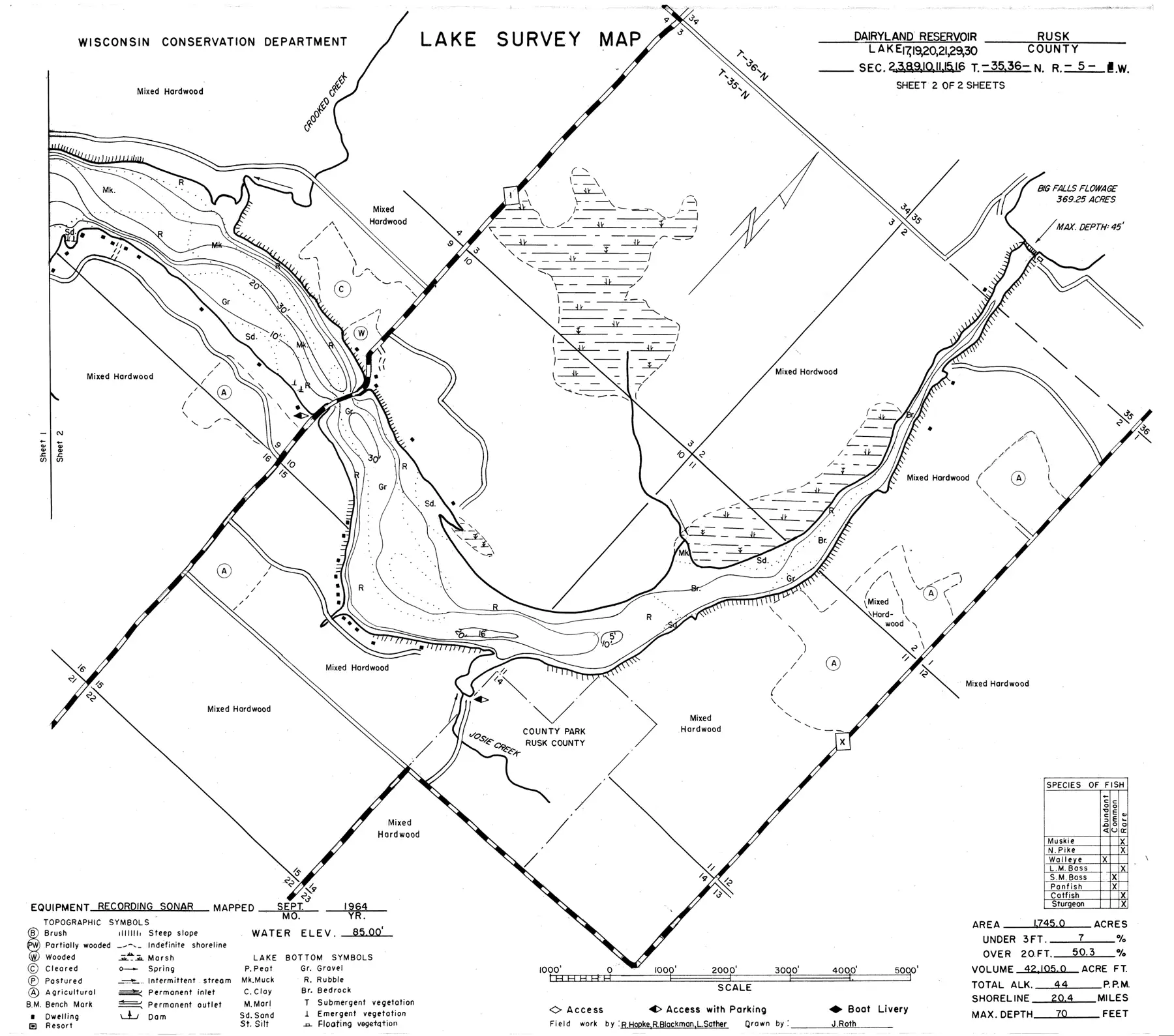 DNR survey map of Dairyland Reservoir (Flambeau), sheet 2 of 2, with depths in feet. Tap to zoom.