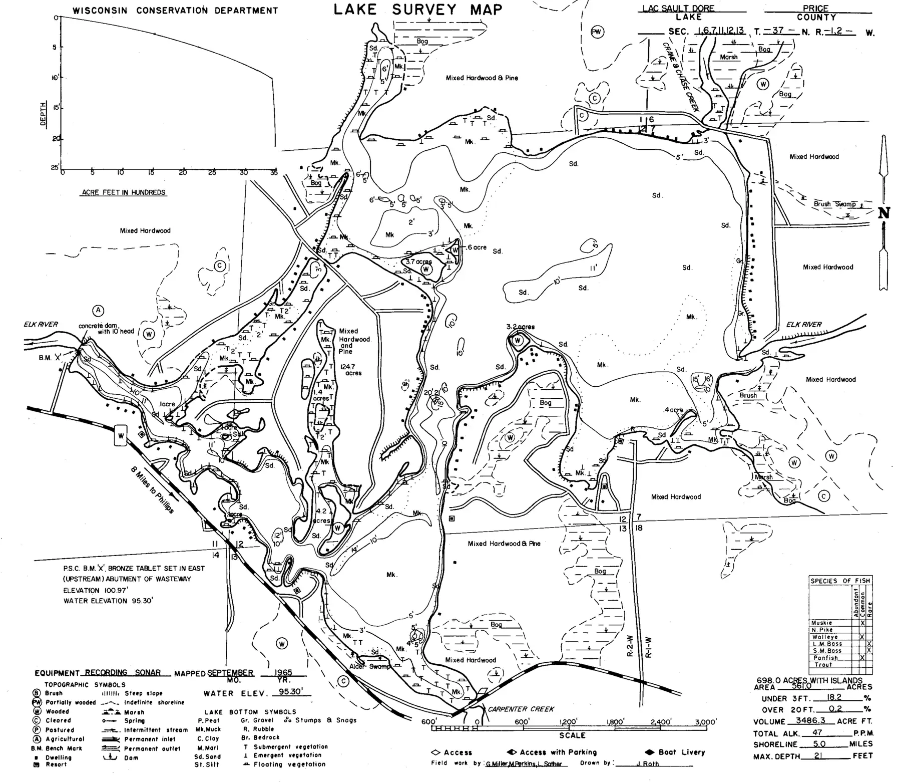 DNR survey map of Lac Sault Dore, with depths in feet. Tap to zoom.