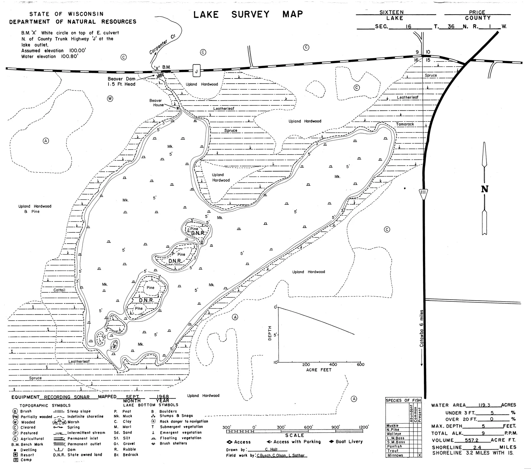 DNR survey map of Lake Sixteen, with depths in feet. Tap to zoom.