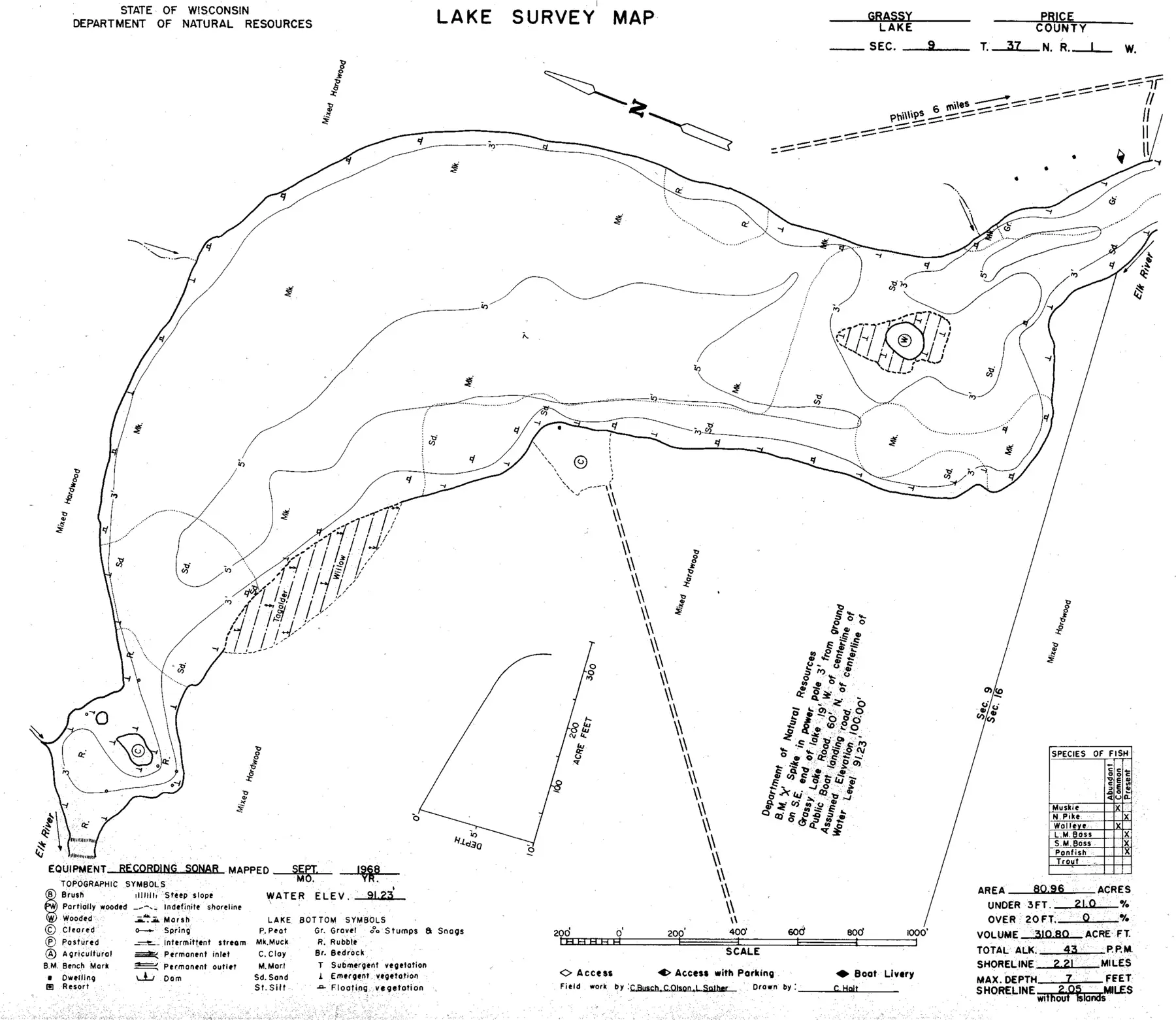 DNR survey map of Grassy Lake, with depths in feet. Tap to zoom.