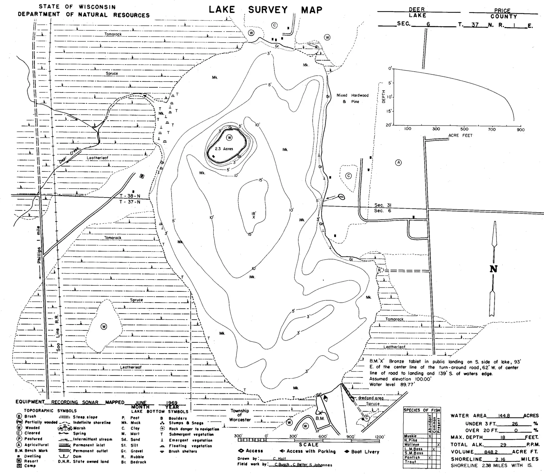DNR survey map of Deer Lake, with depths in feet. Tap to zoom.