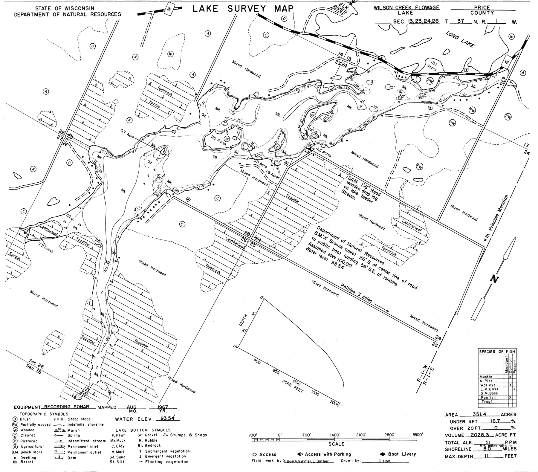 DNR survey map of Wilson Lake, with depths in feet. Tap to zoom.