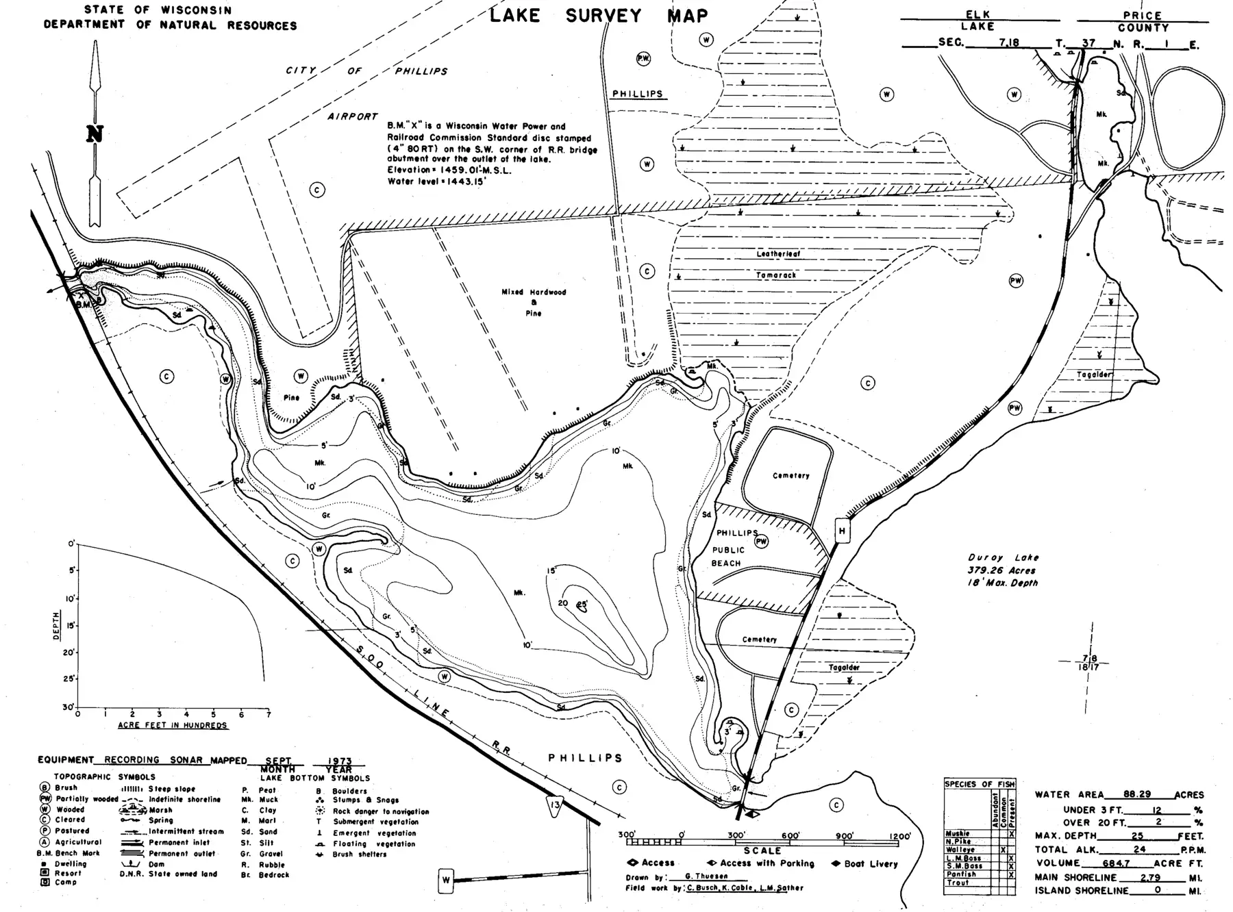 DNR survey map of Elk Lake, with depths in feet. Tap to zoom.