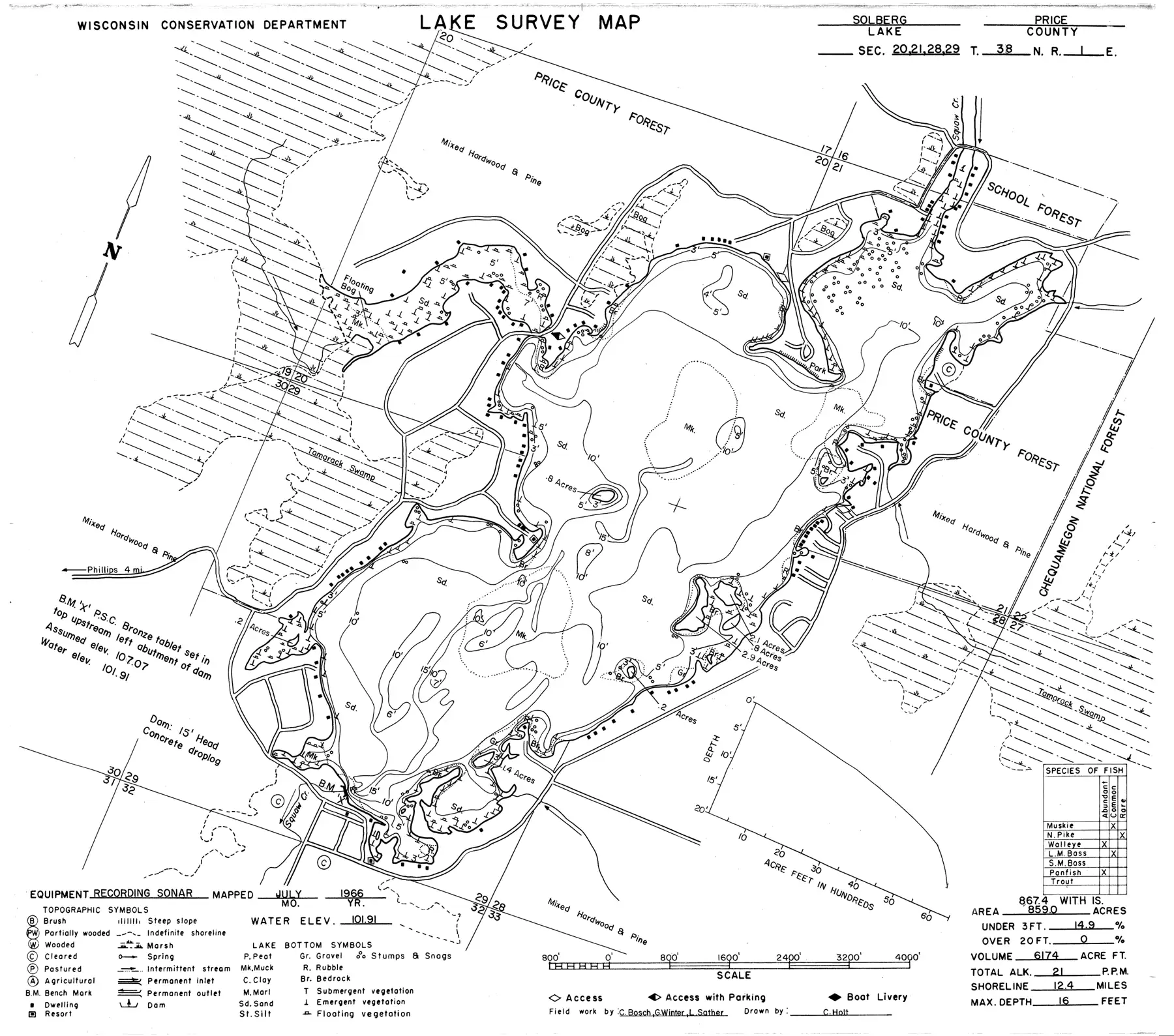 DNR survey map of Solberg Lake, with depths in feet. Tap to zoom.