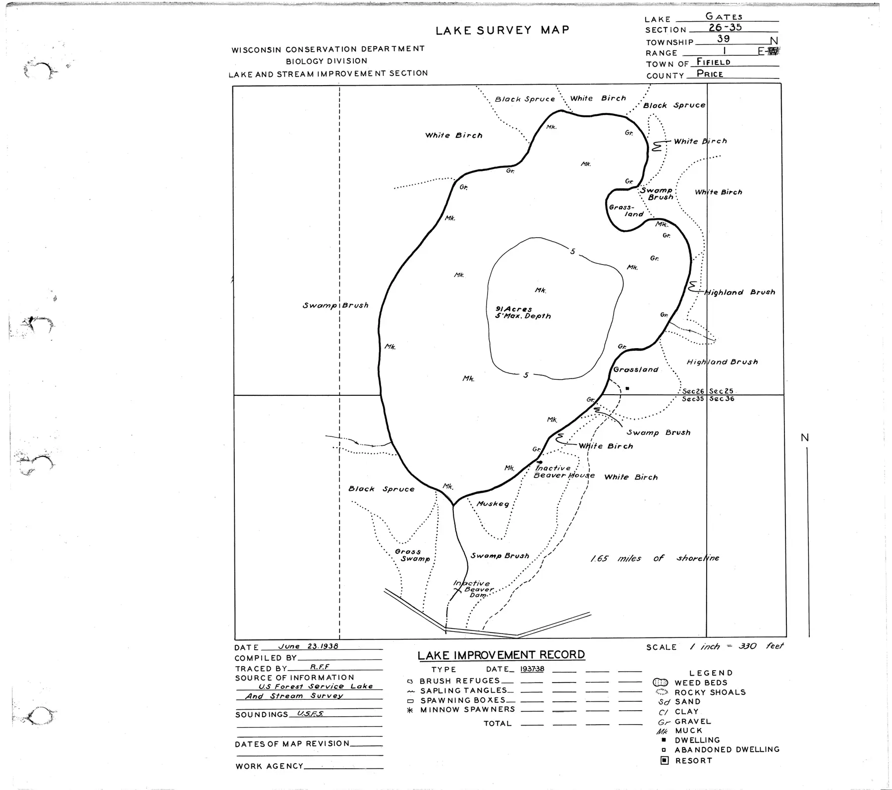 DNR survey map of Gates Lake, with depths in feet. Tap to zoom.