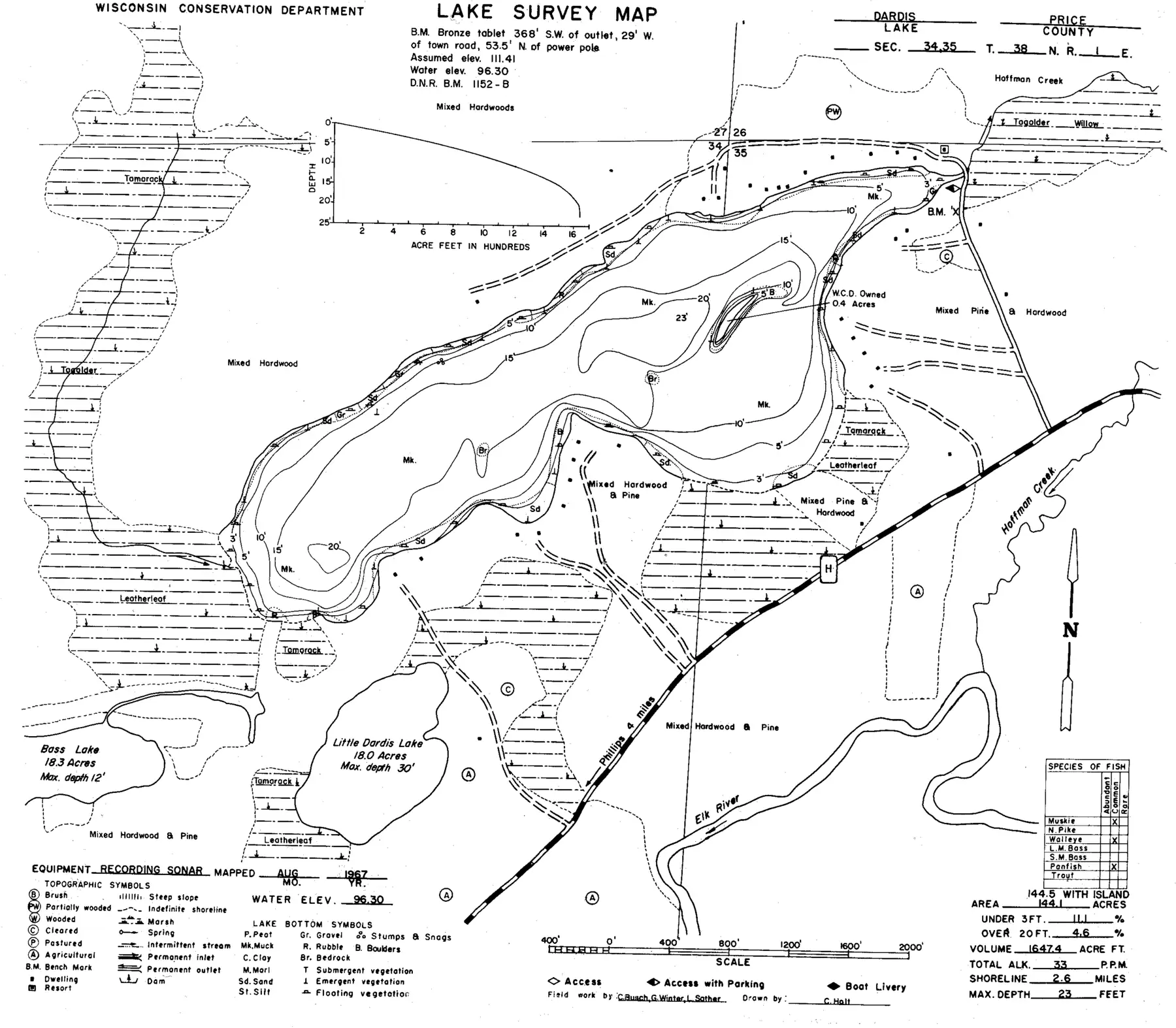 DNR survey map of Big Dardis Lake, with depths in feet. Tap to zoom.