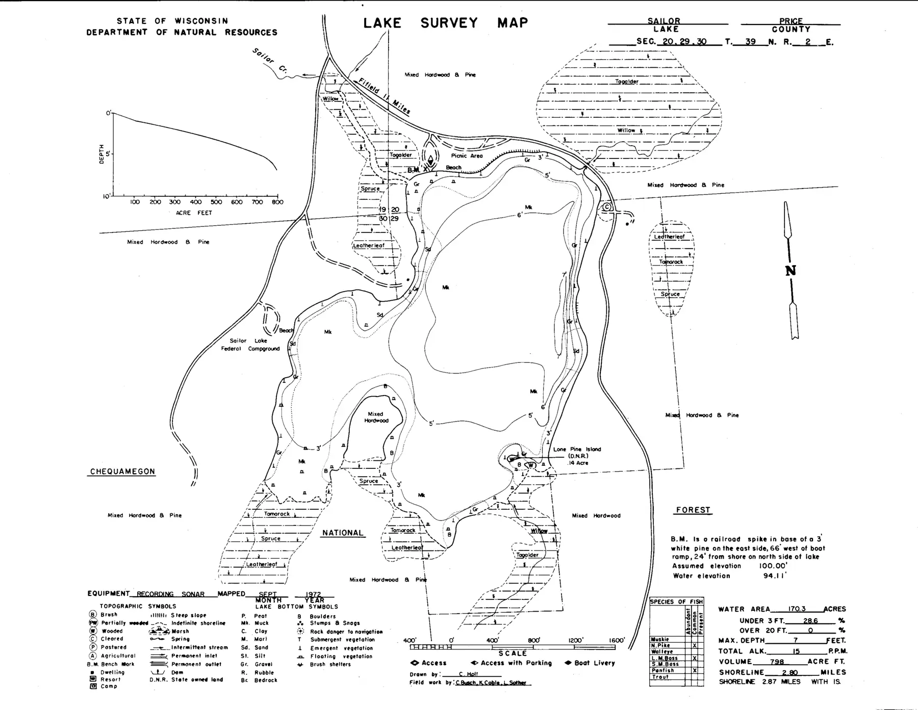 DNR survey map of Sailor Lake, with depths in feet. Tap to zoom.