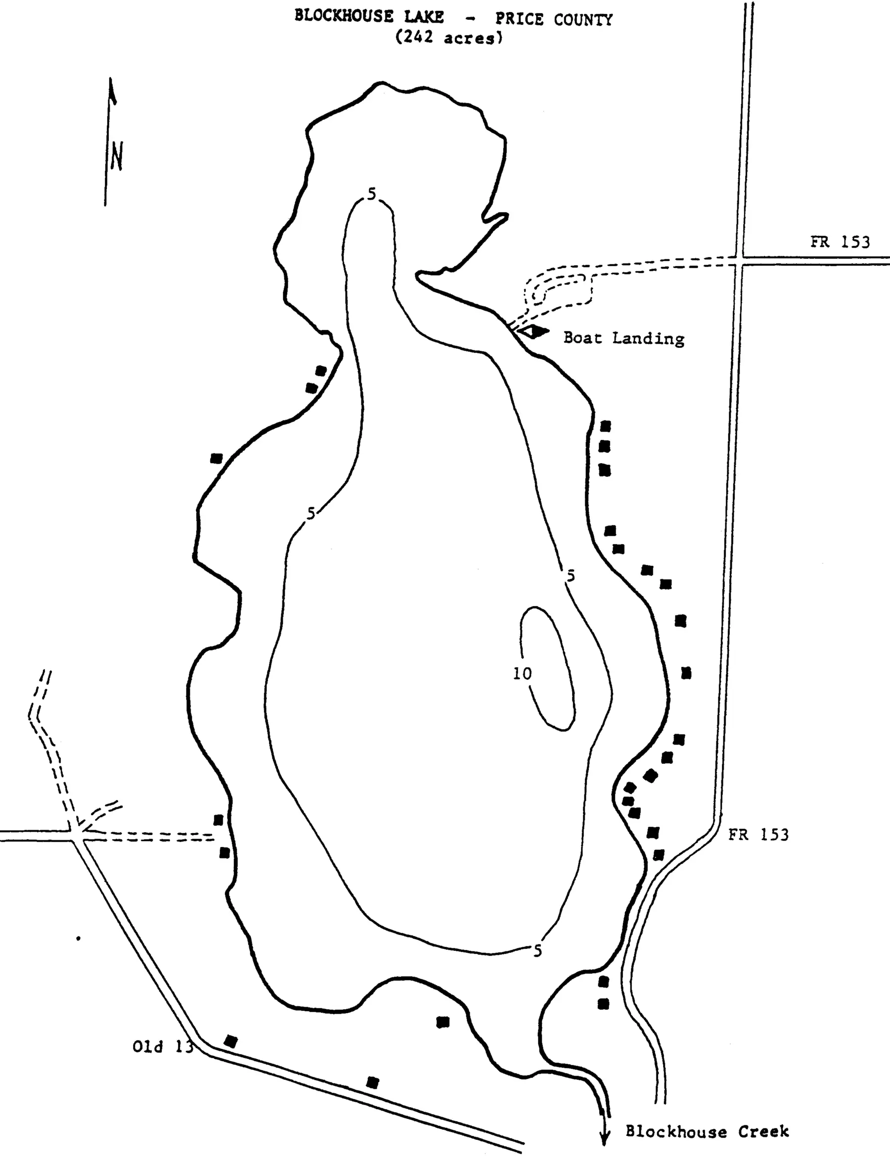 DNR survey map of Blockhouse Lake, with depths in feet. Tap to zoom.