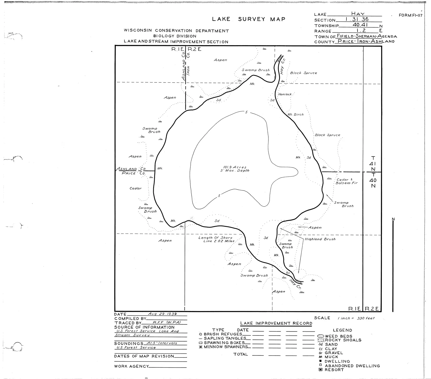 DNR survey map of Hay Lake, with depths in feet. Tap to zoom.