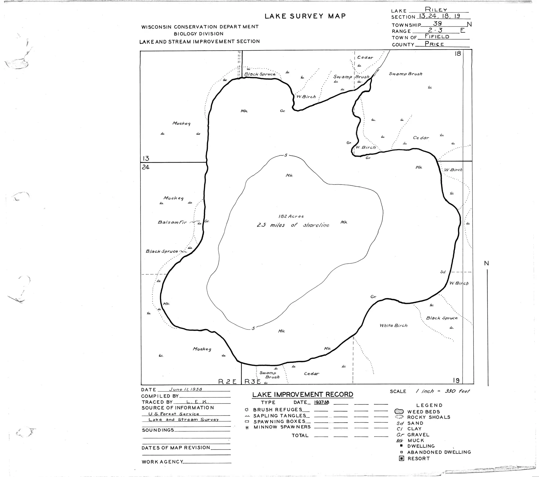 DNR survey map of Riley Lake, with depths in feet. Tap to zoom.
