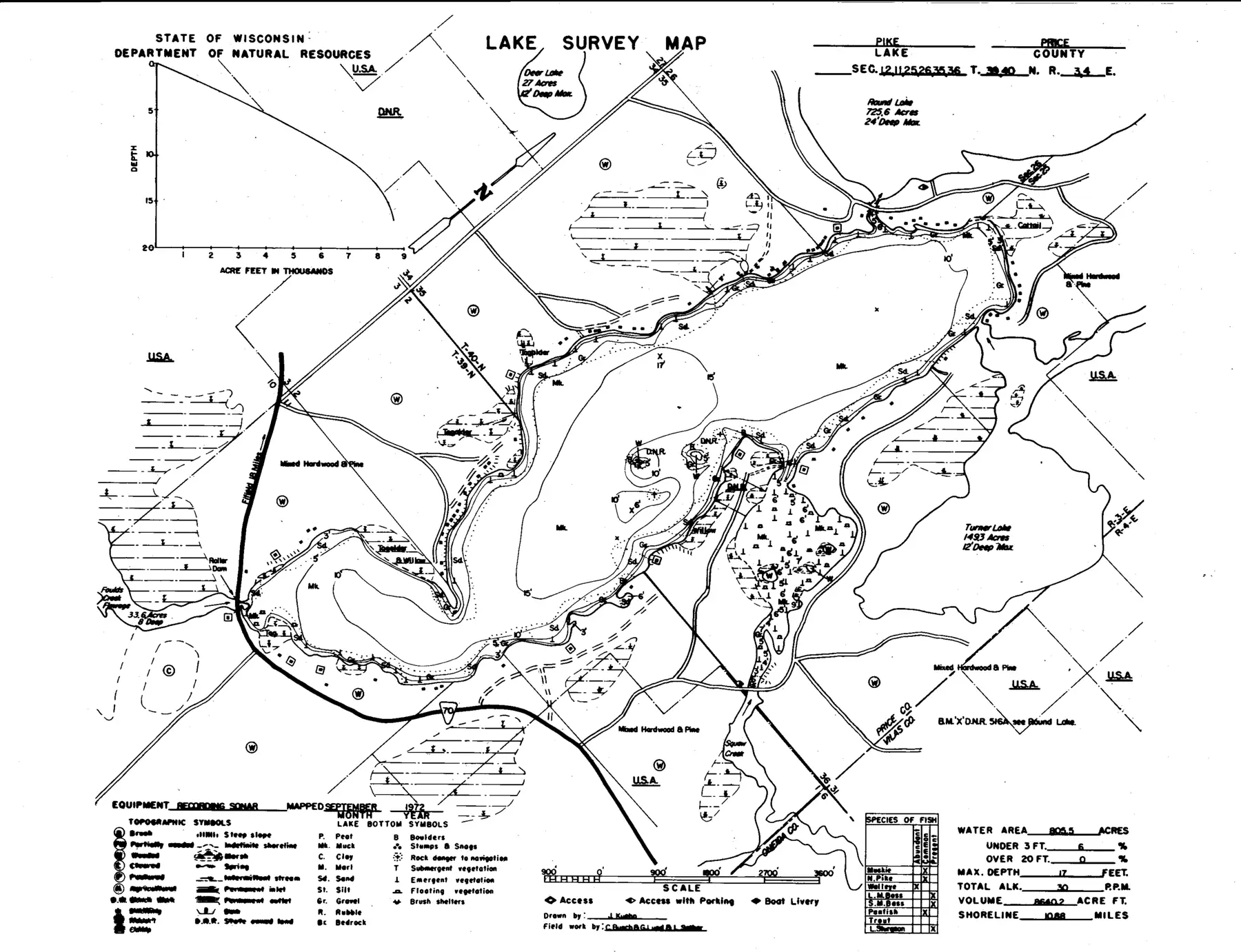 DNR survey map of Pike Lake, with depths in feet. Tap to zoom.