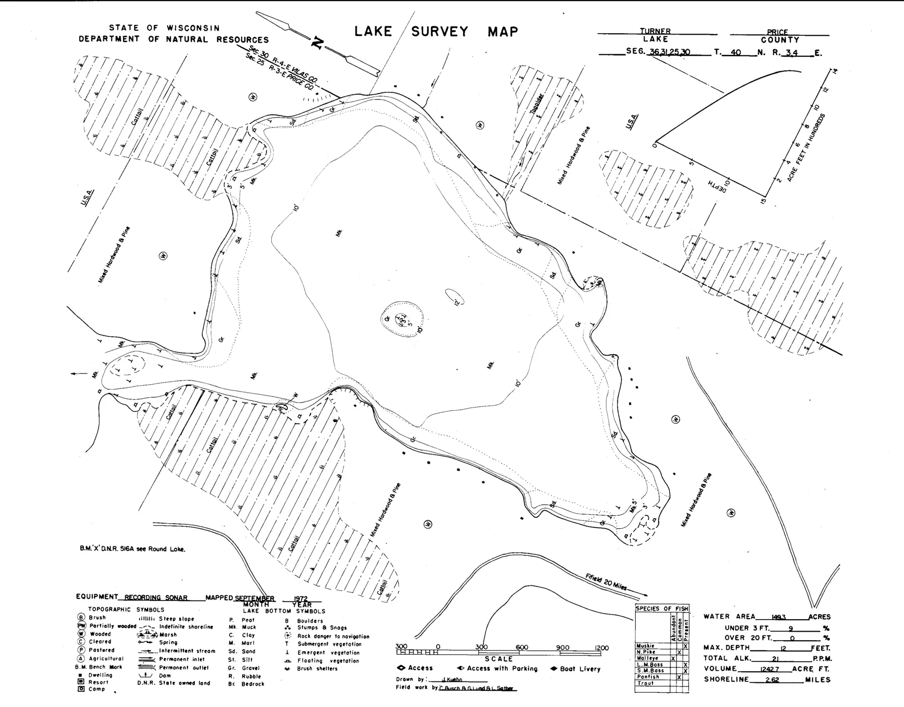 DNR survey map of Turner Lake, with depths in feet. Tap to zoom.