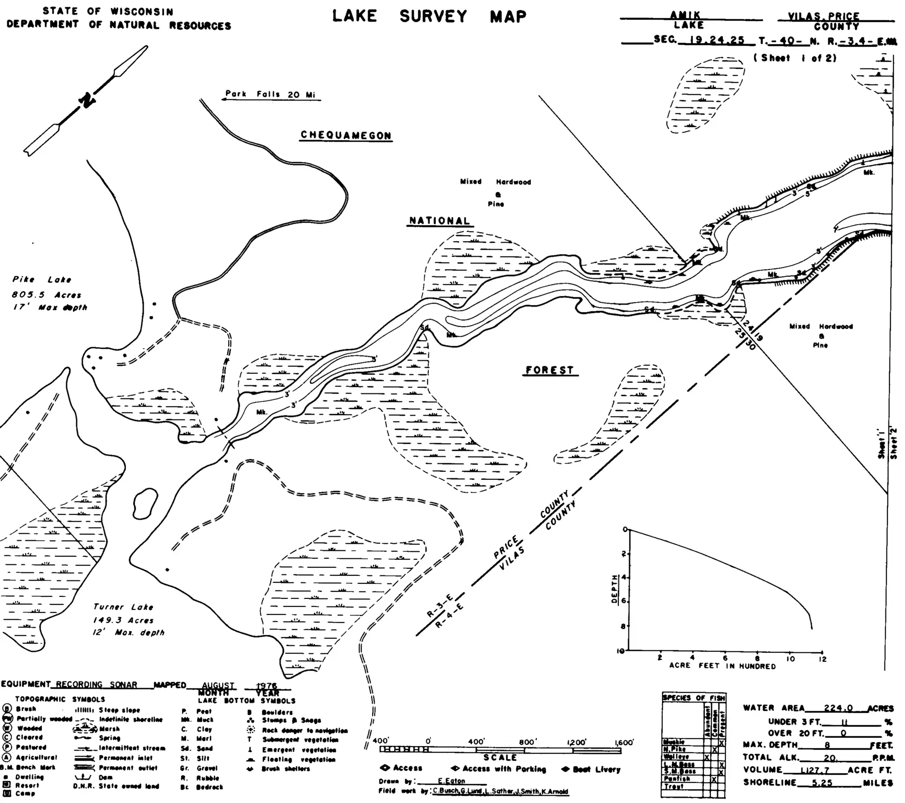 DNR survey map of Amik Lake, sheet 1 of 2, with depths in feet. Tap to zoom.