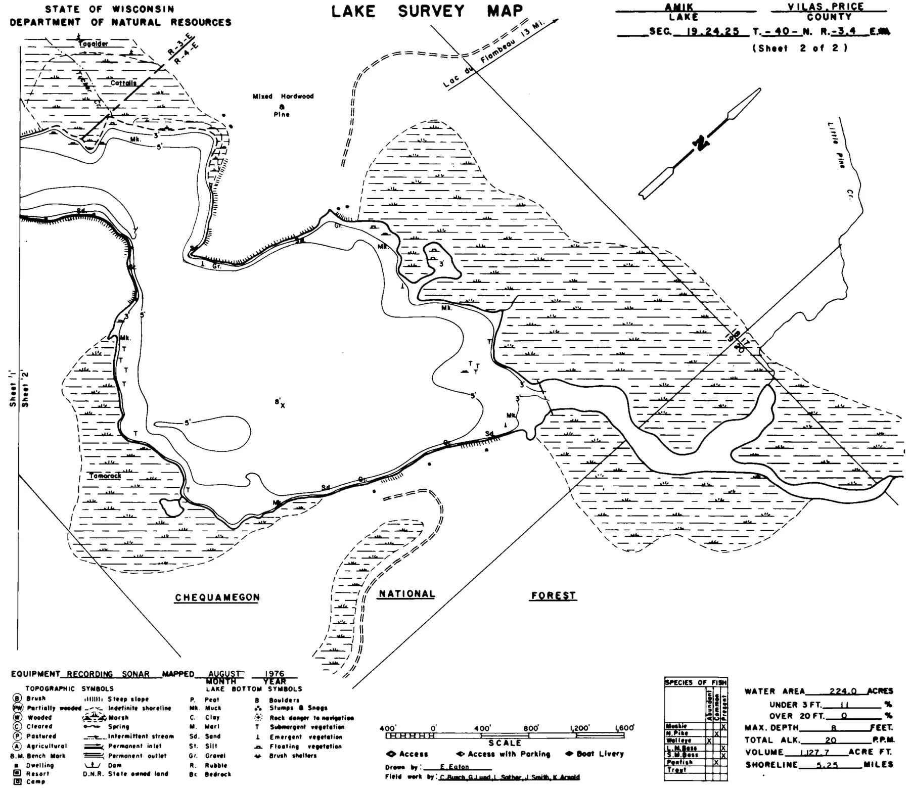 DNR survey map of Amik Lake, sheet 2 of 2, with depths in feet. Tap to zoom.