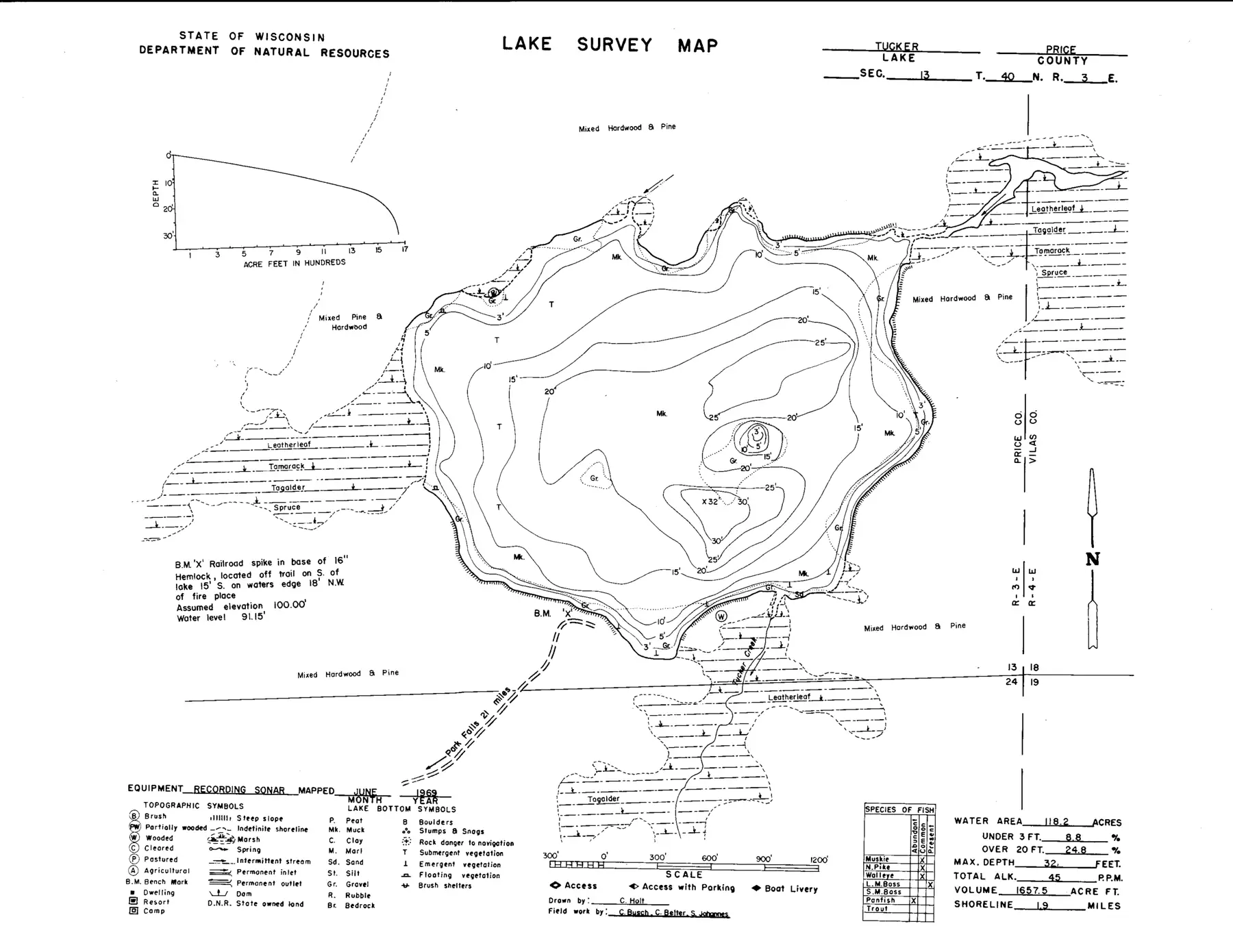 DNR survey map of Tucker Lake, with depths in feet. Tap to zoom.
