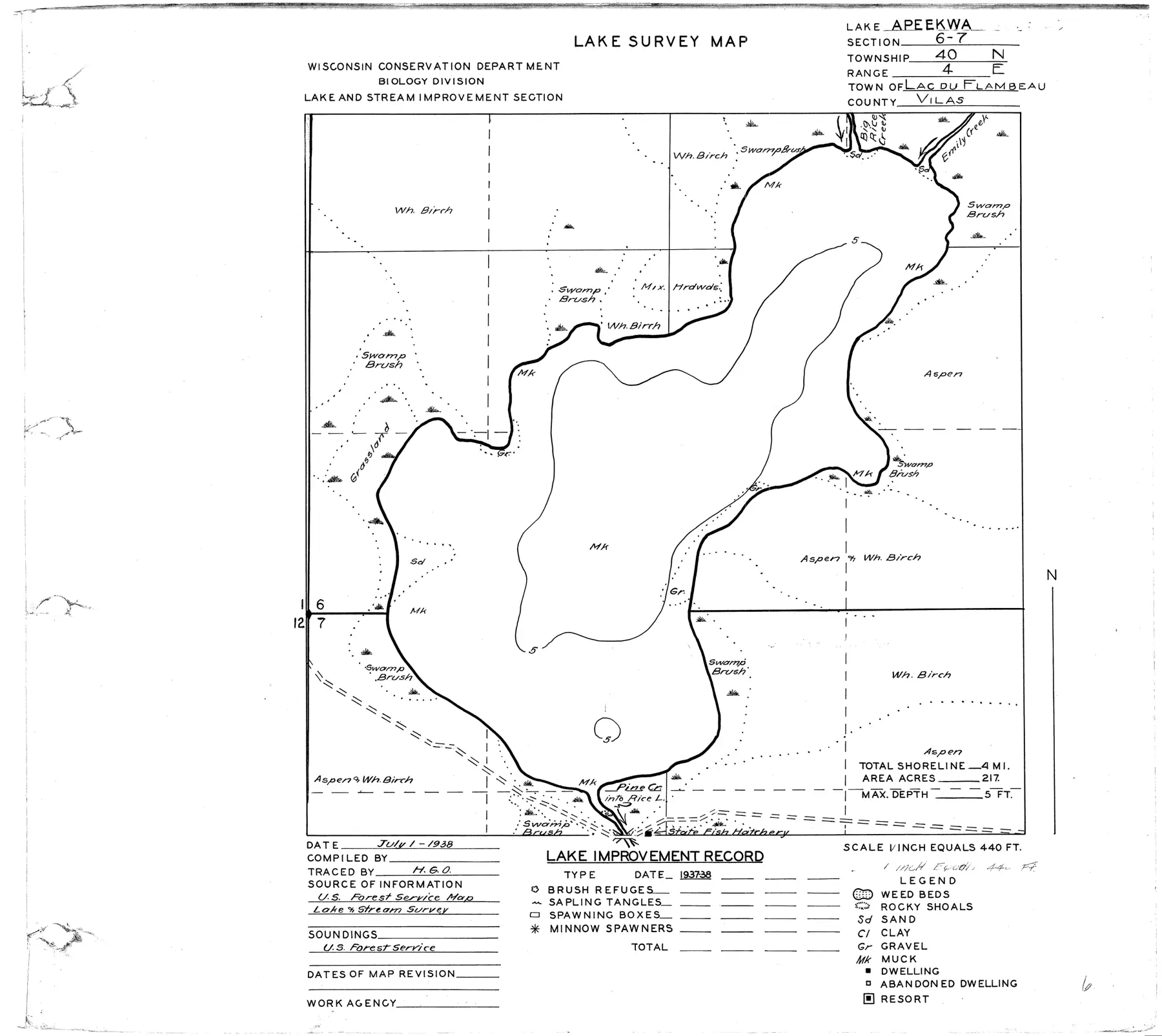 DNR survey map of Apeekwa Lake, with depths in feet. Tap to zoom.