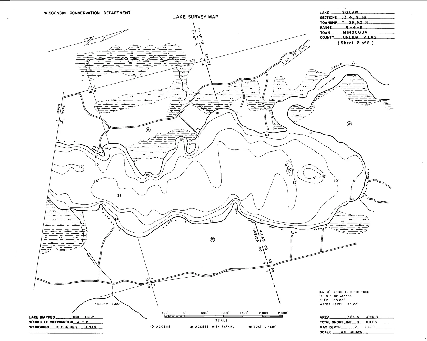 DNR survey map of Amber Lake, sheet 2 of 2, with depths in feet. Tap to zoom.