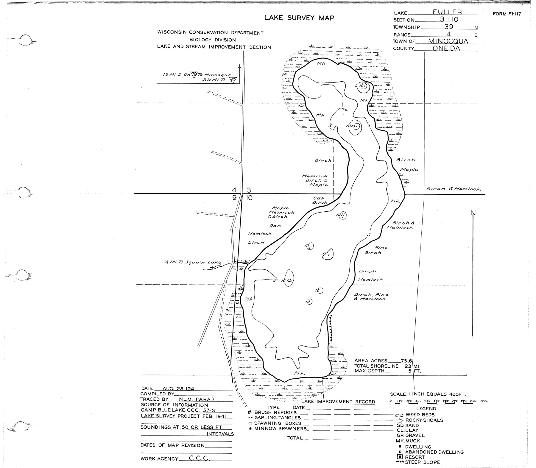 DNR survey map of Fuller Lake, with depths in feet. Tap to zoom.