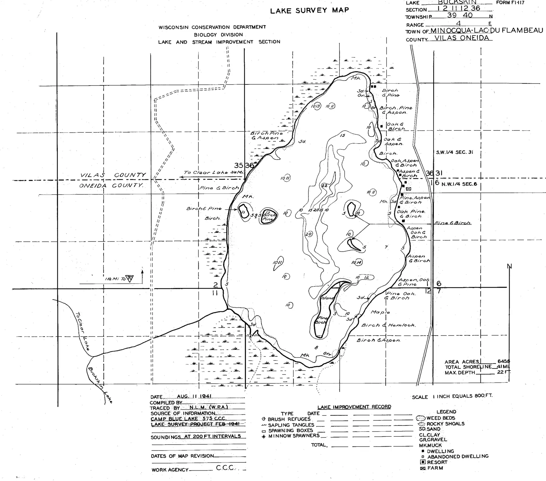 DNR survey map of Buckskin Lake, with depths in feet. Tap to zoom.