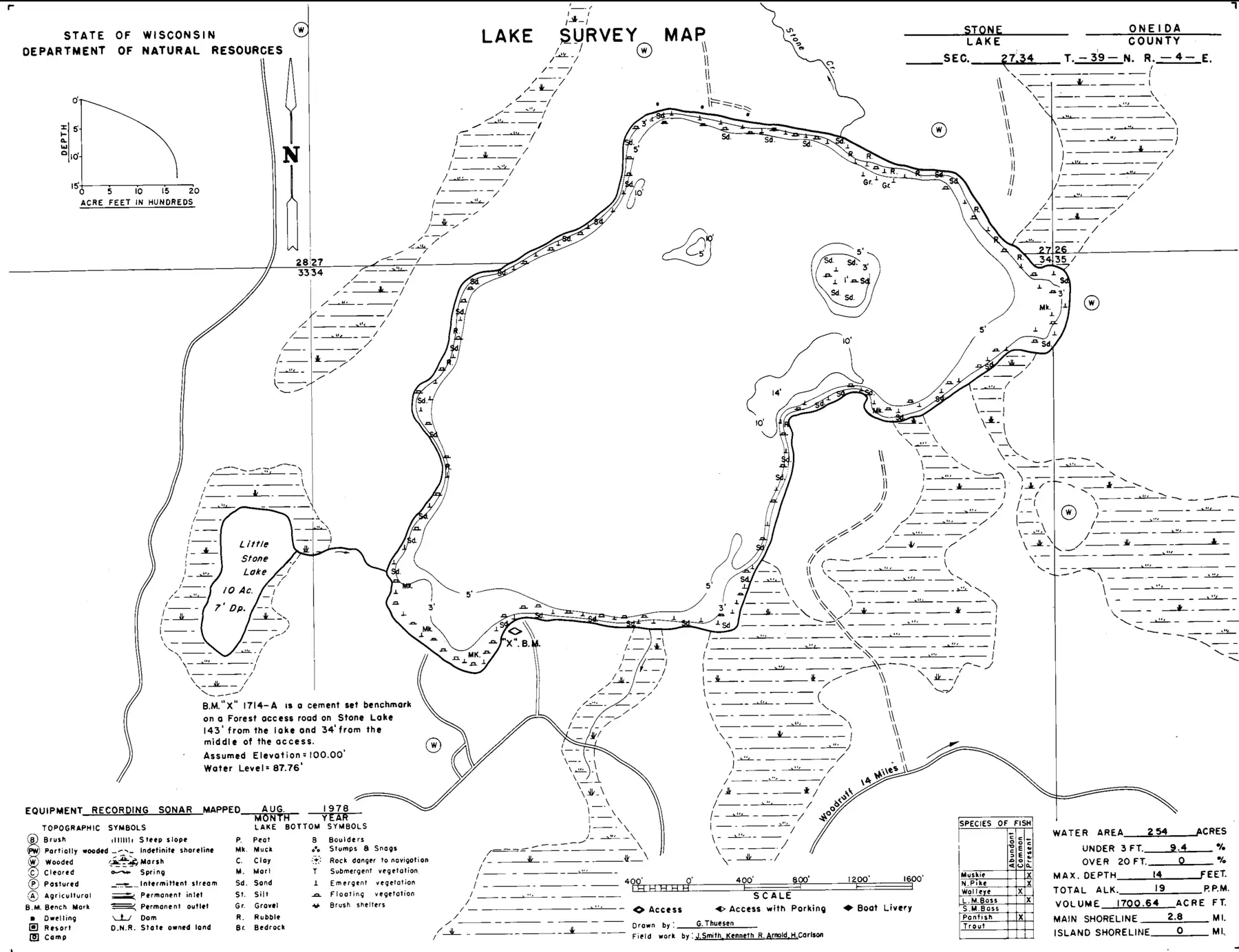 DNR survey map of Stone Lake, with depths in feet. Tap to zoom.