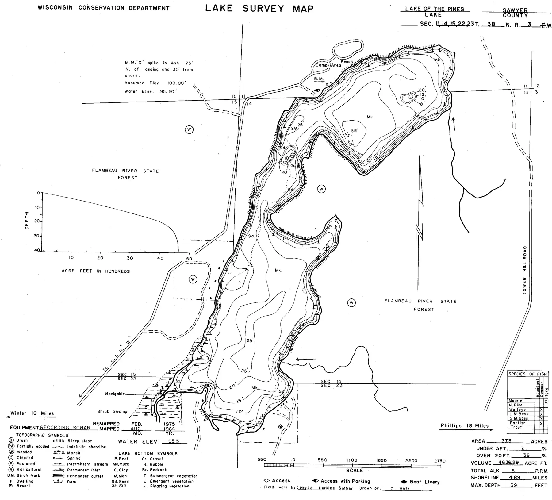 DNR survey map of Lake of the Pines, with depths in feet. Tap to zoom.