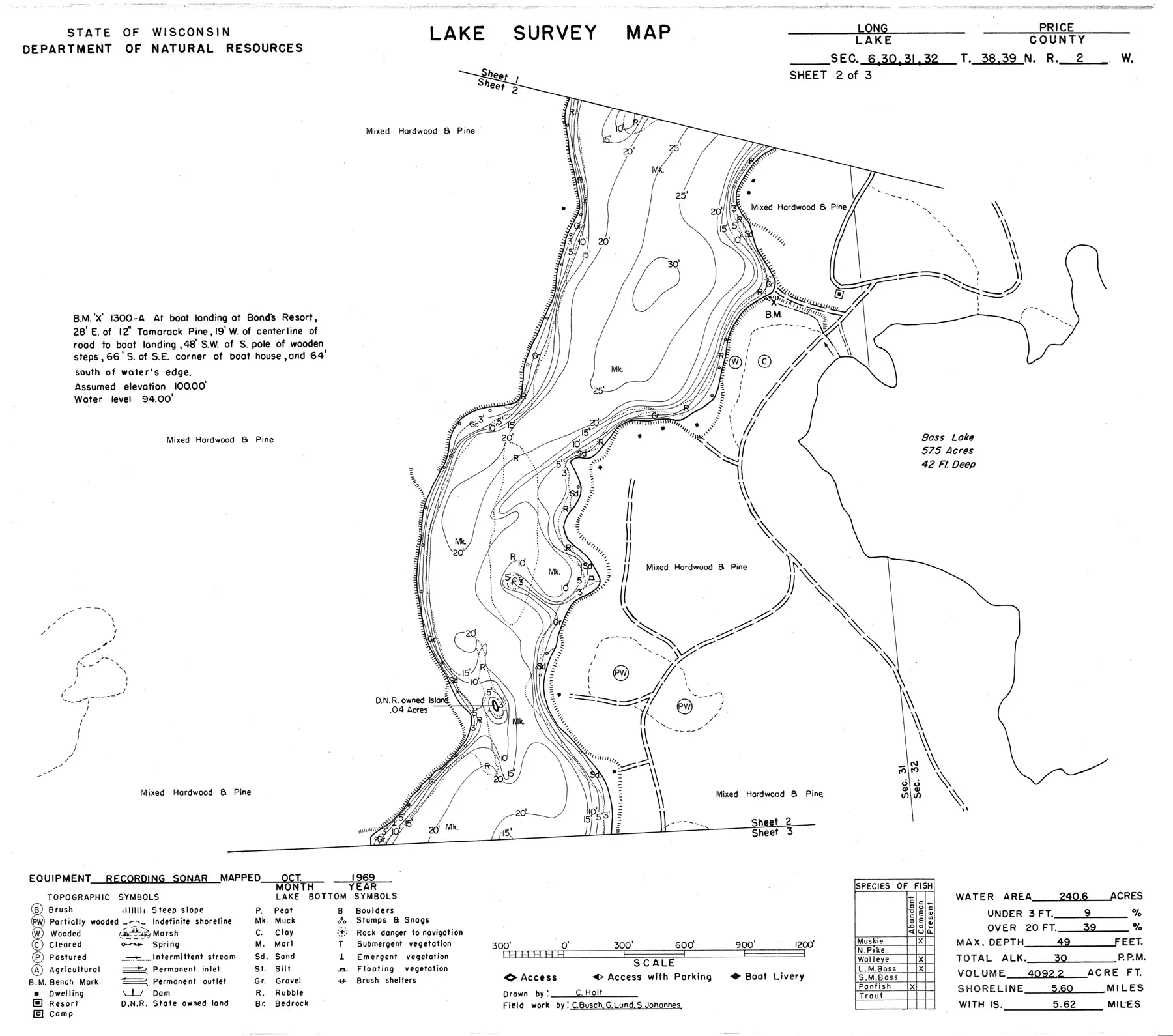 DNR survey map of Long Lake, sheet 2 of 3, with depths in feet. Tap to zoom.