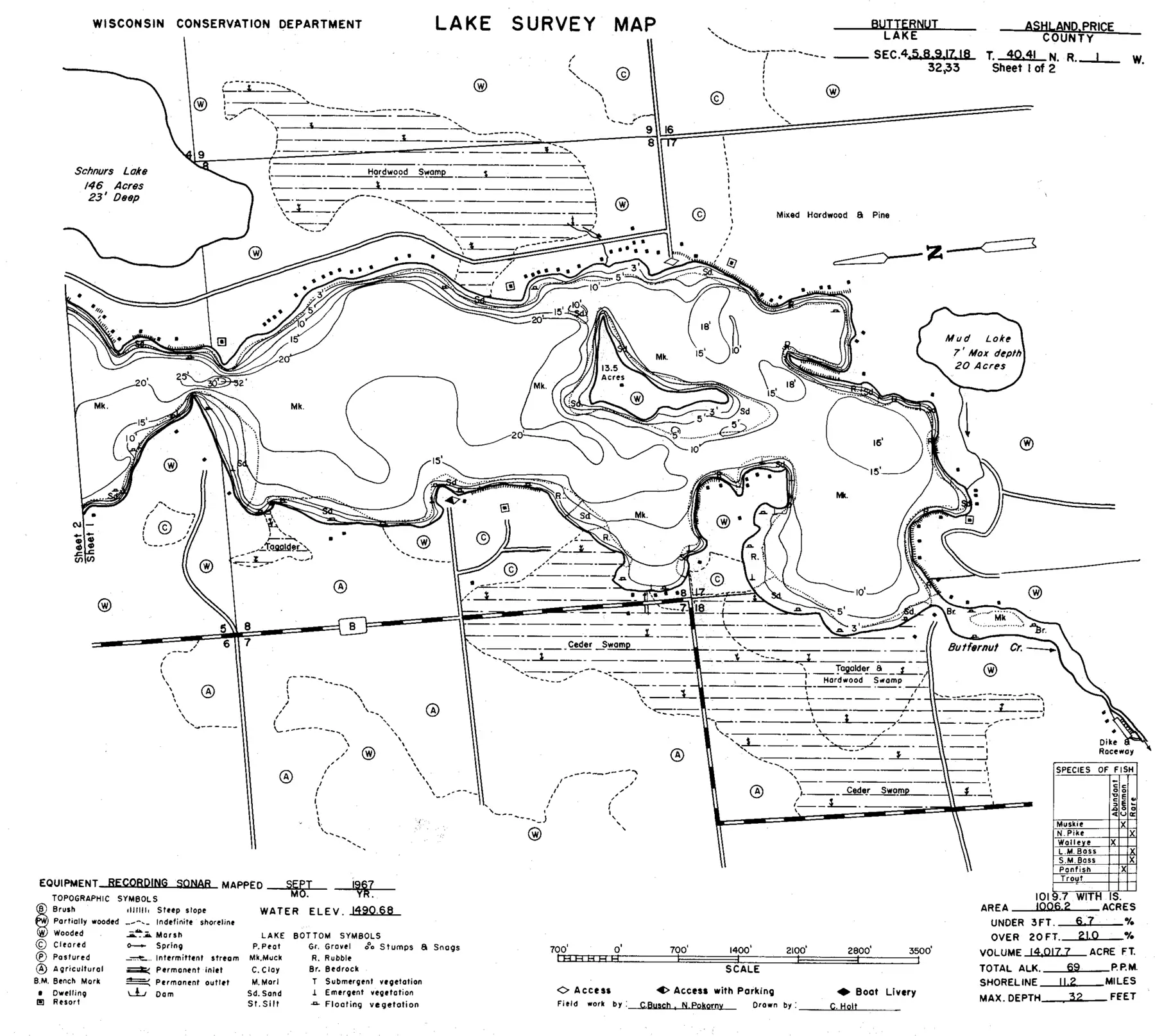 DNR survey map of Butternut Lake, sheet 1 of 2, with depths in feet. Tap to zoom.