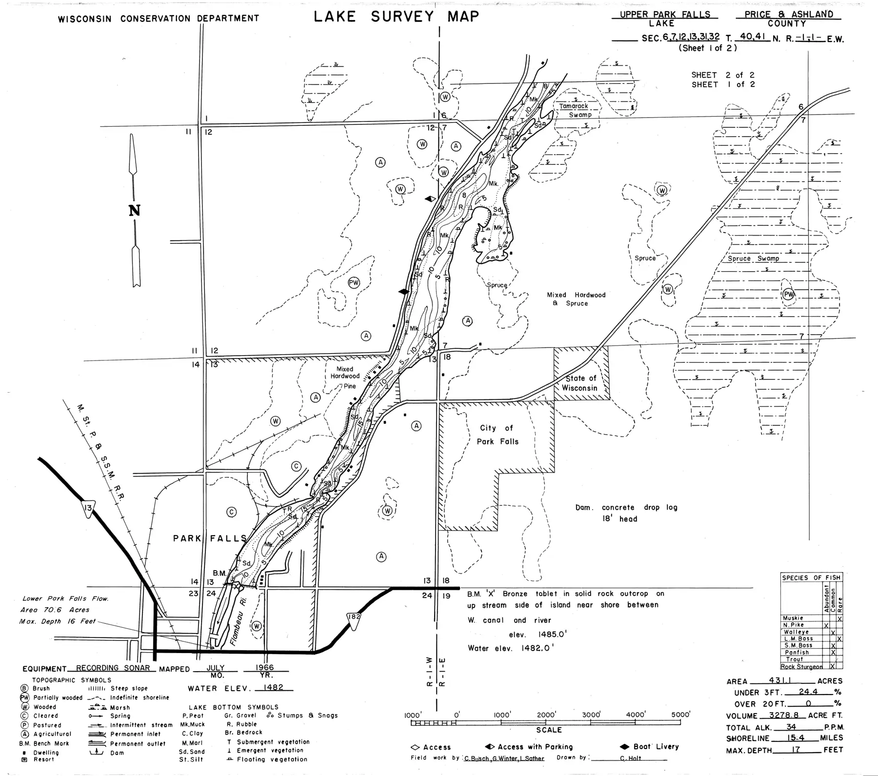 DNR survey map of Park Falls Flowage, Upper, sheet 1 of 2, with depths in feet. Tap to zoom.