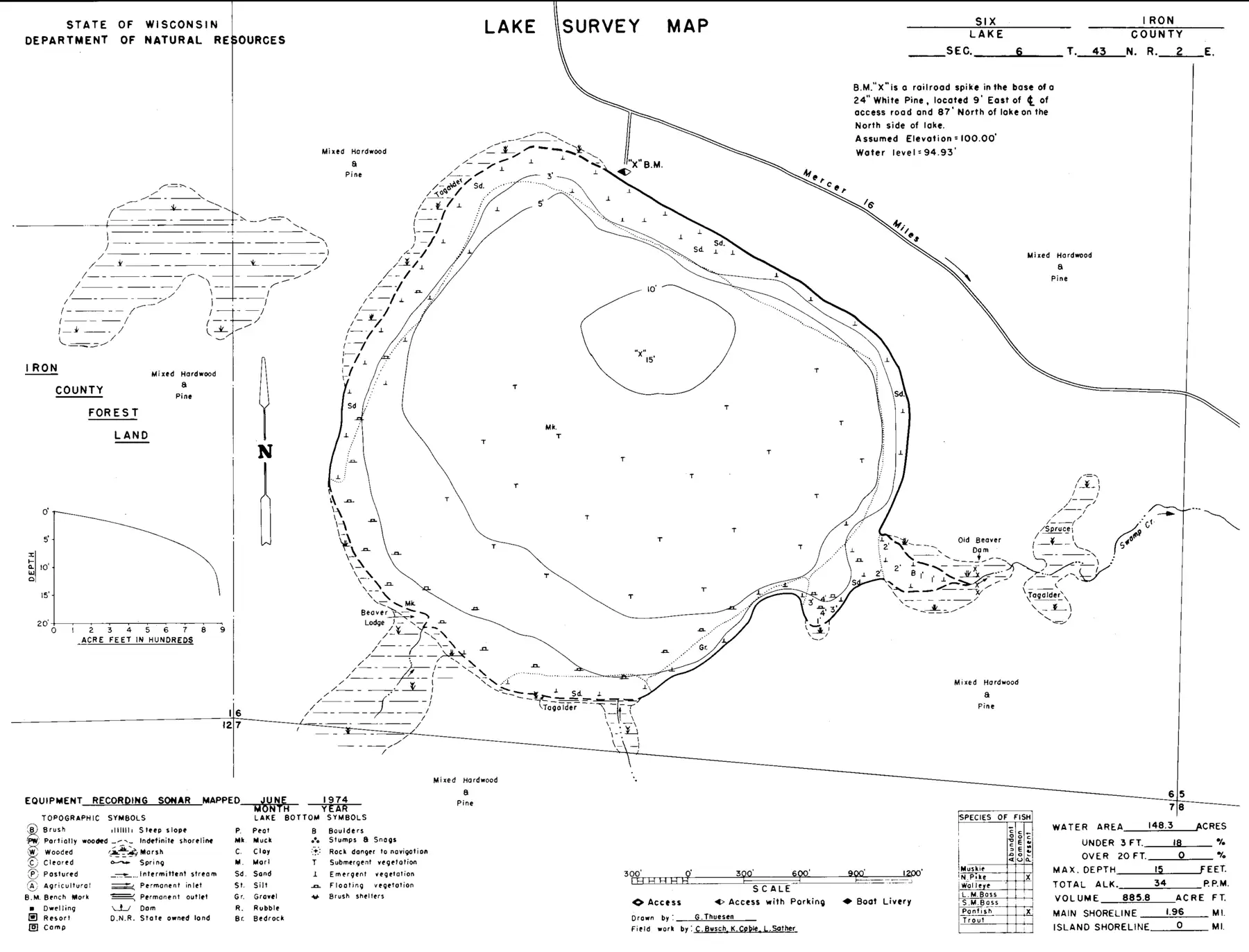 DNR survey map of Lake Six, with depths in feet. Tap to zoom.