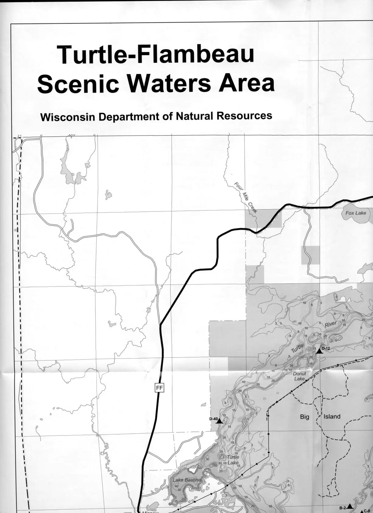 DNR survey map of Turtle Flambeau Flowage, sheet 1 of 19, with depths in feet. Tap to zoom.