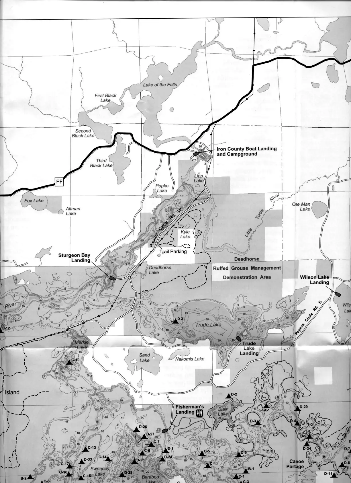 DNR survey map of Turtle Flambeau Flowage, sheet 2 of 19, with depths in feet. Tap to zoom.