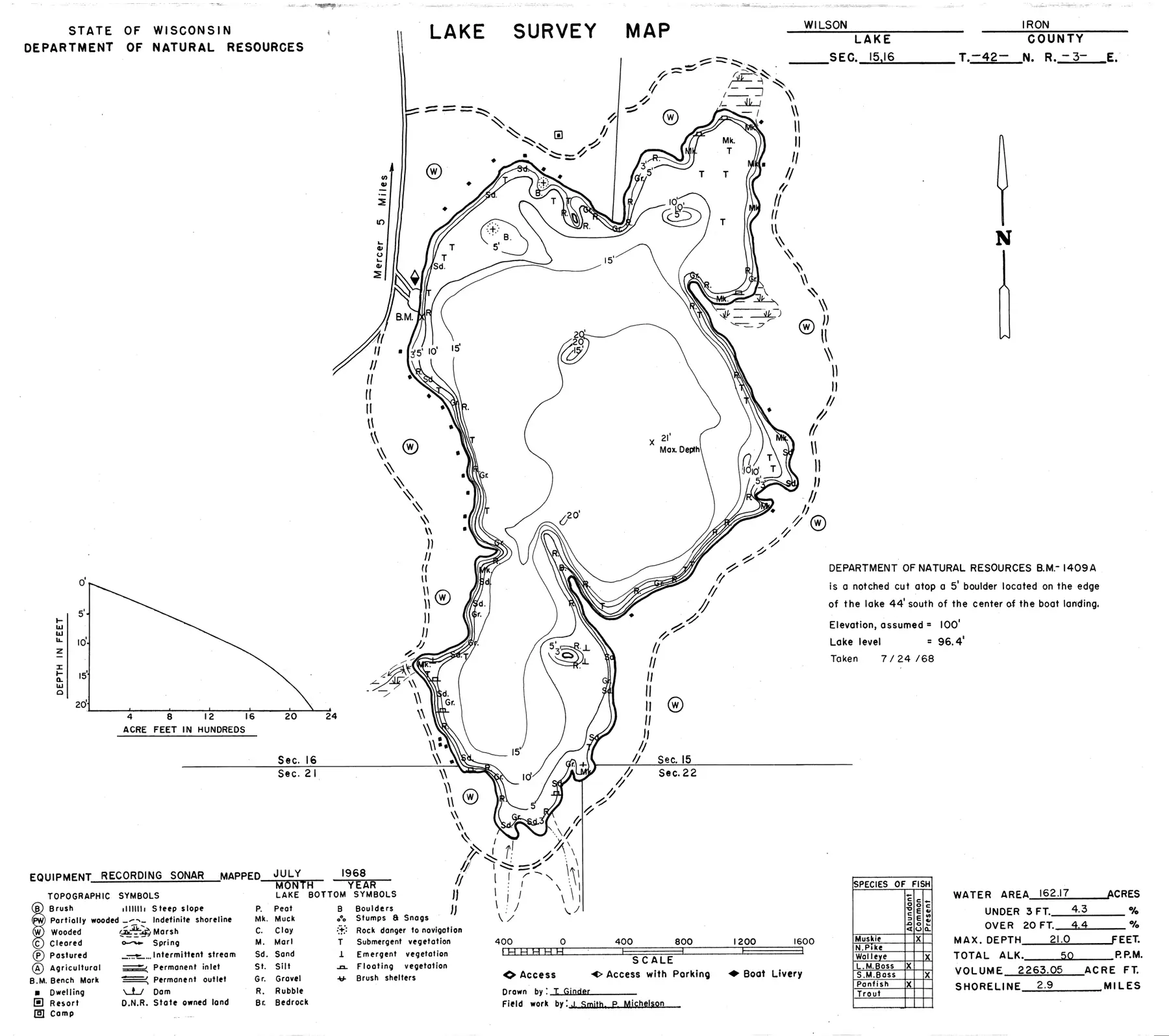 DNR survey map of Wilson Lake, with depths in feet. Tap to zoom.