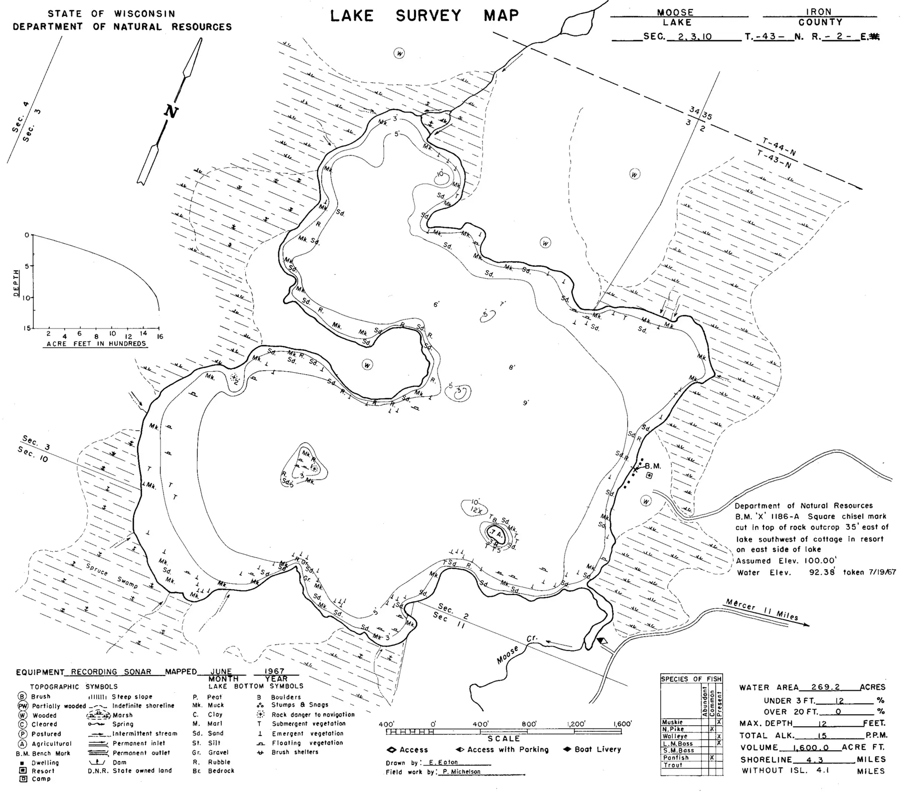 DNR survey map of Moose Lake, with depths in feet. Tap to zoom.