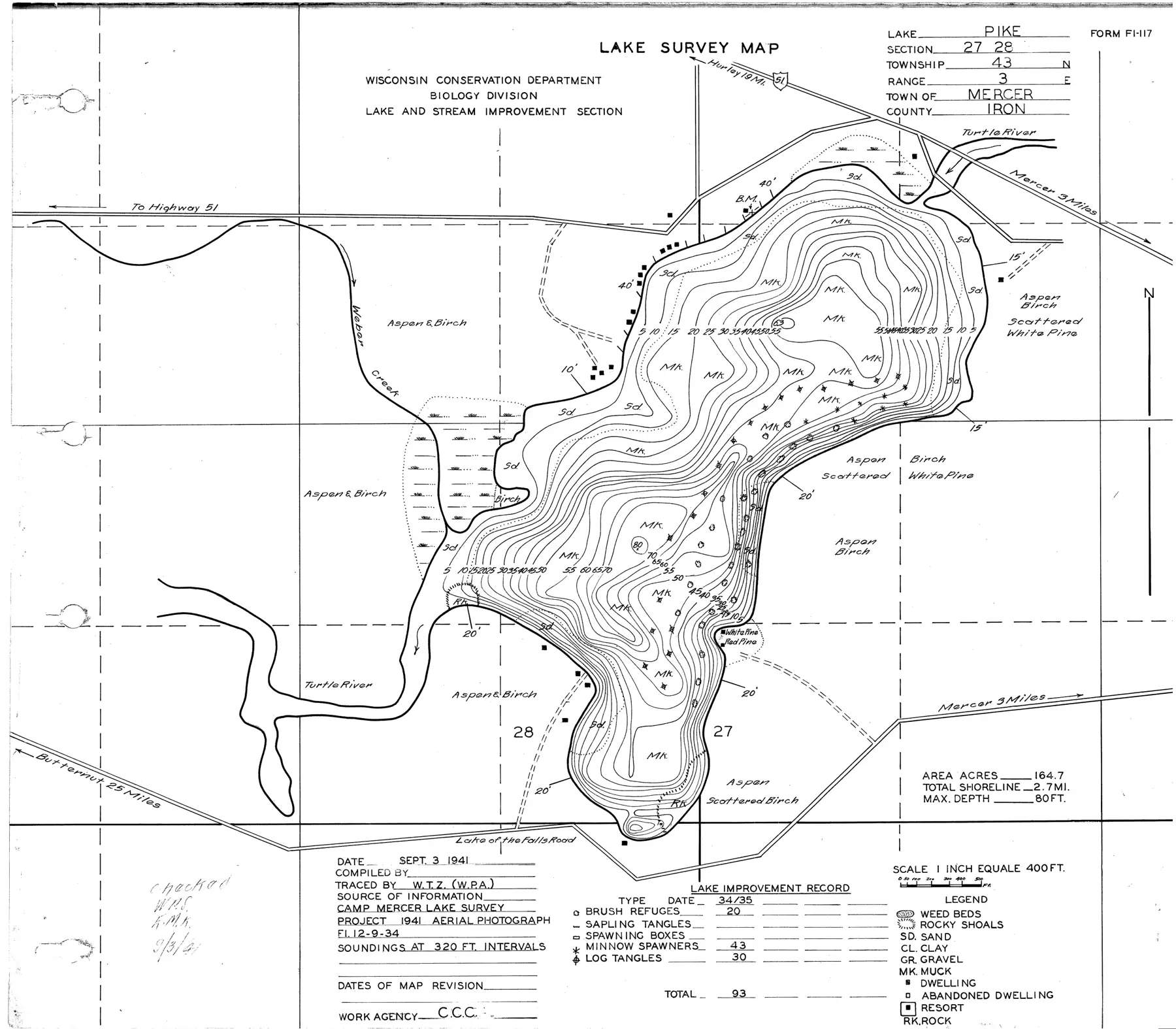 DNR survey map of Pike Lake, with depths in feet. Tap to zoom.