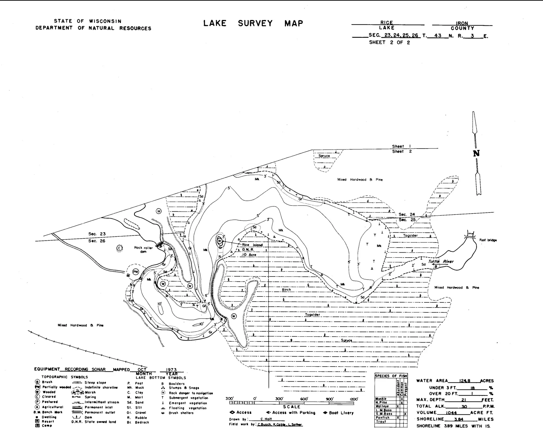 DNR survey map of Rice Lake, sheet 2 of 2, with depths in feet. Tap to zoom.