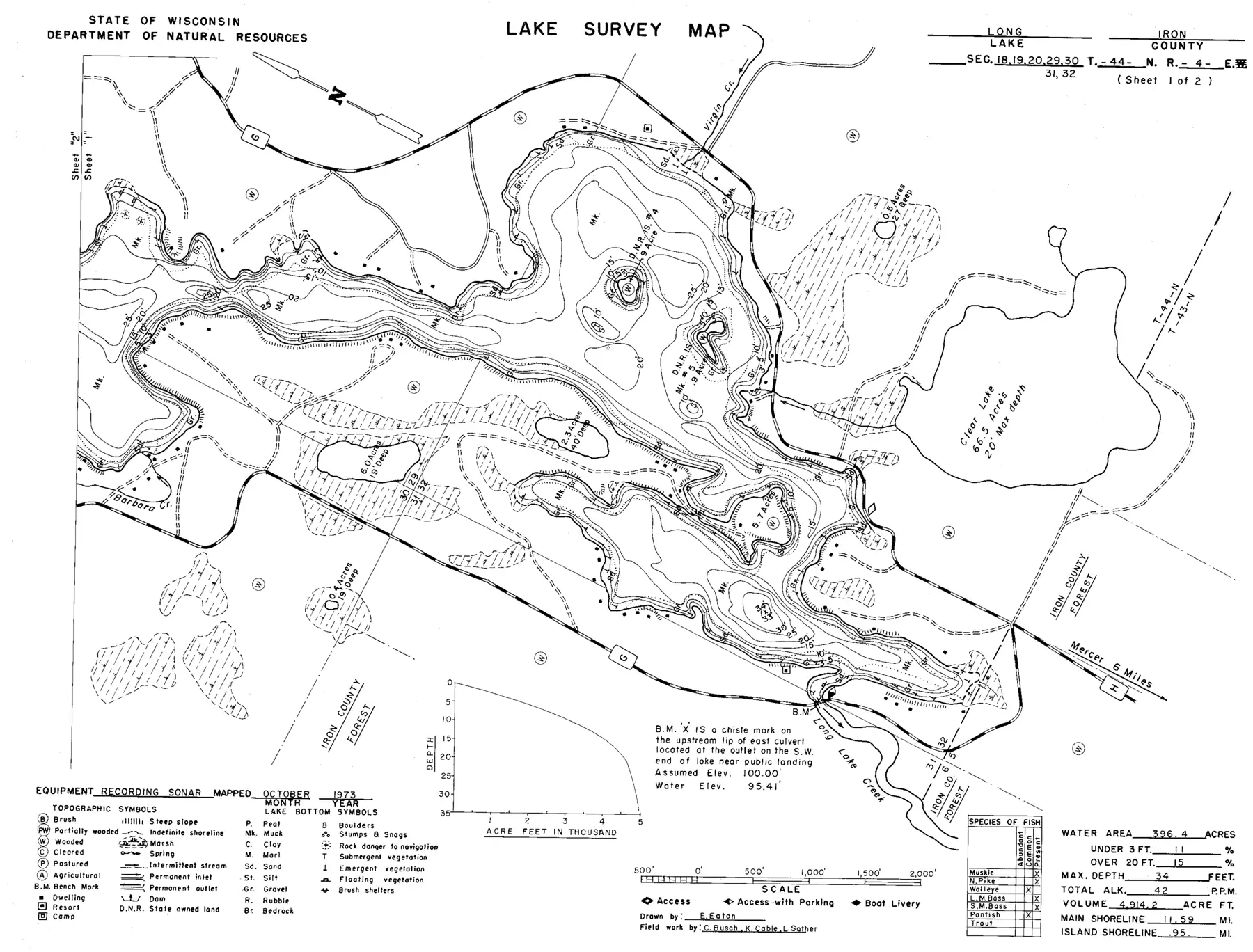 DNR survey map of Long Lake, sheet 1 of 2, with depths in feet. Tap to zoom.